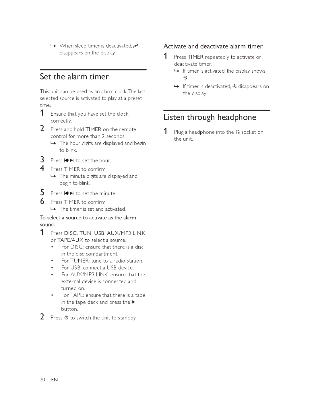 Philips FWM197/05 user manual Set the alarm timer, Listen through headphone, Activate and deactivate alarm timer 