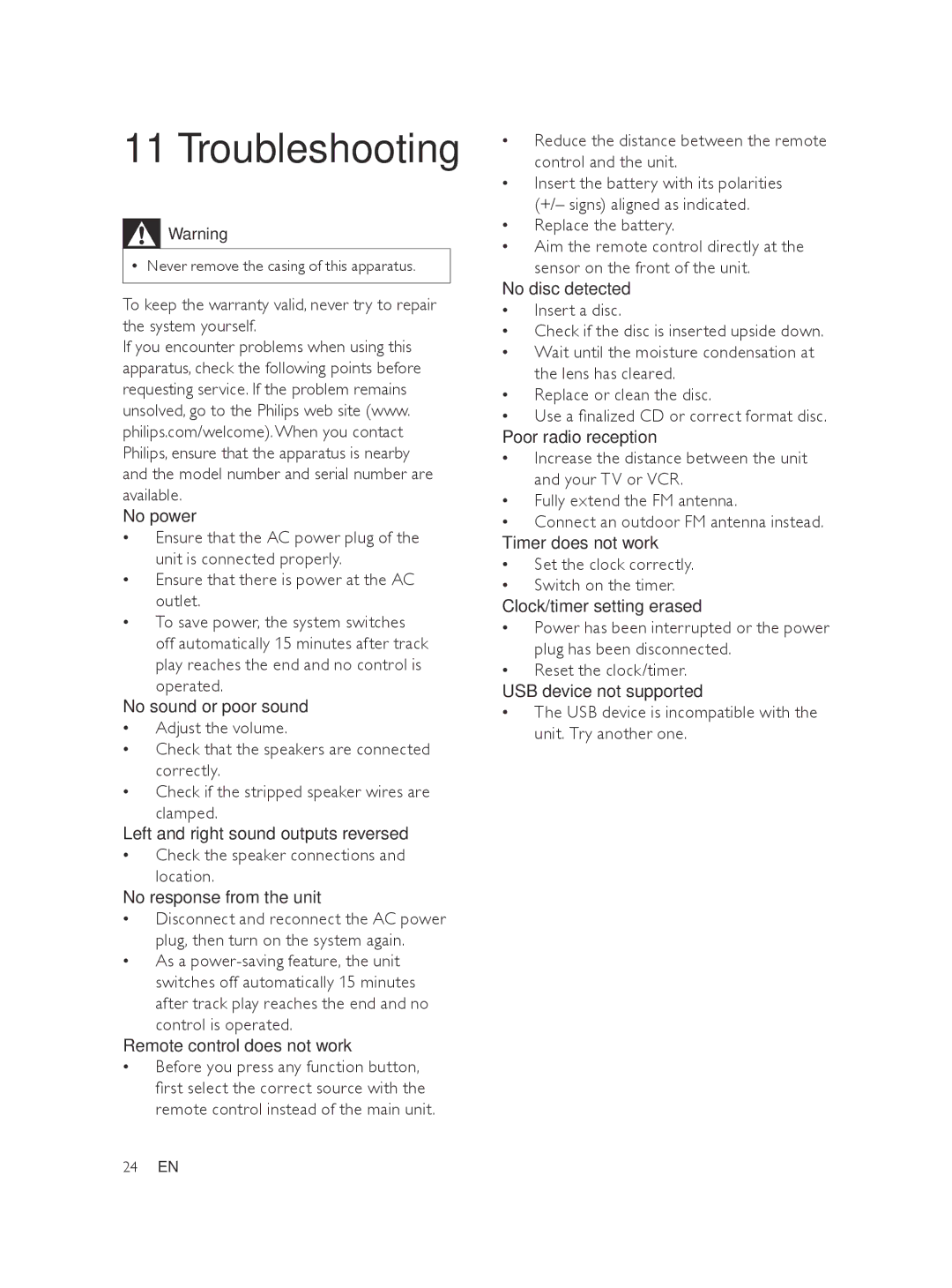 Philips FWM197/05 user manual Troubleshooting, USB device is incompatible with the unit. Try another one 