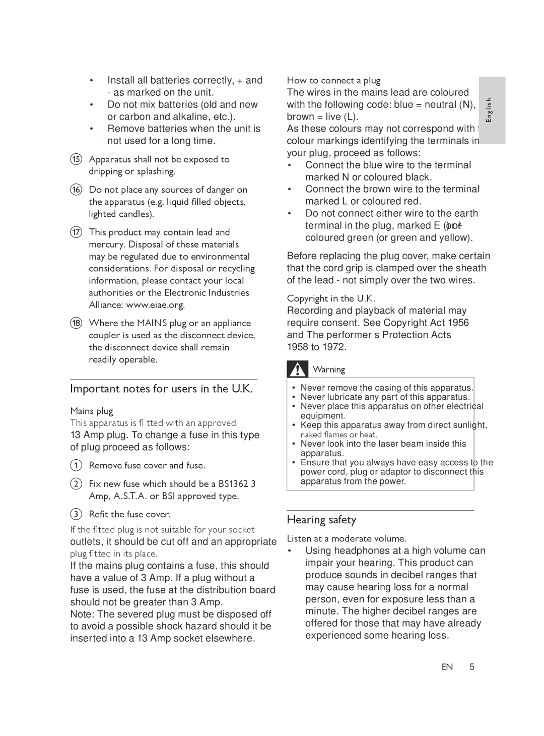 Philips FWM197/05 user manual Important notes for users in the U.K, Hearing safety 