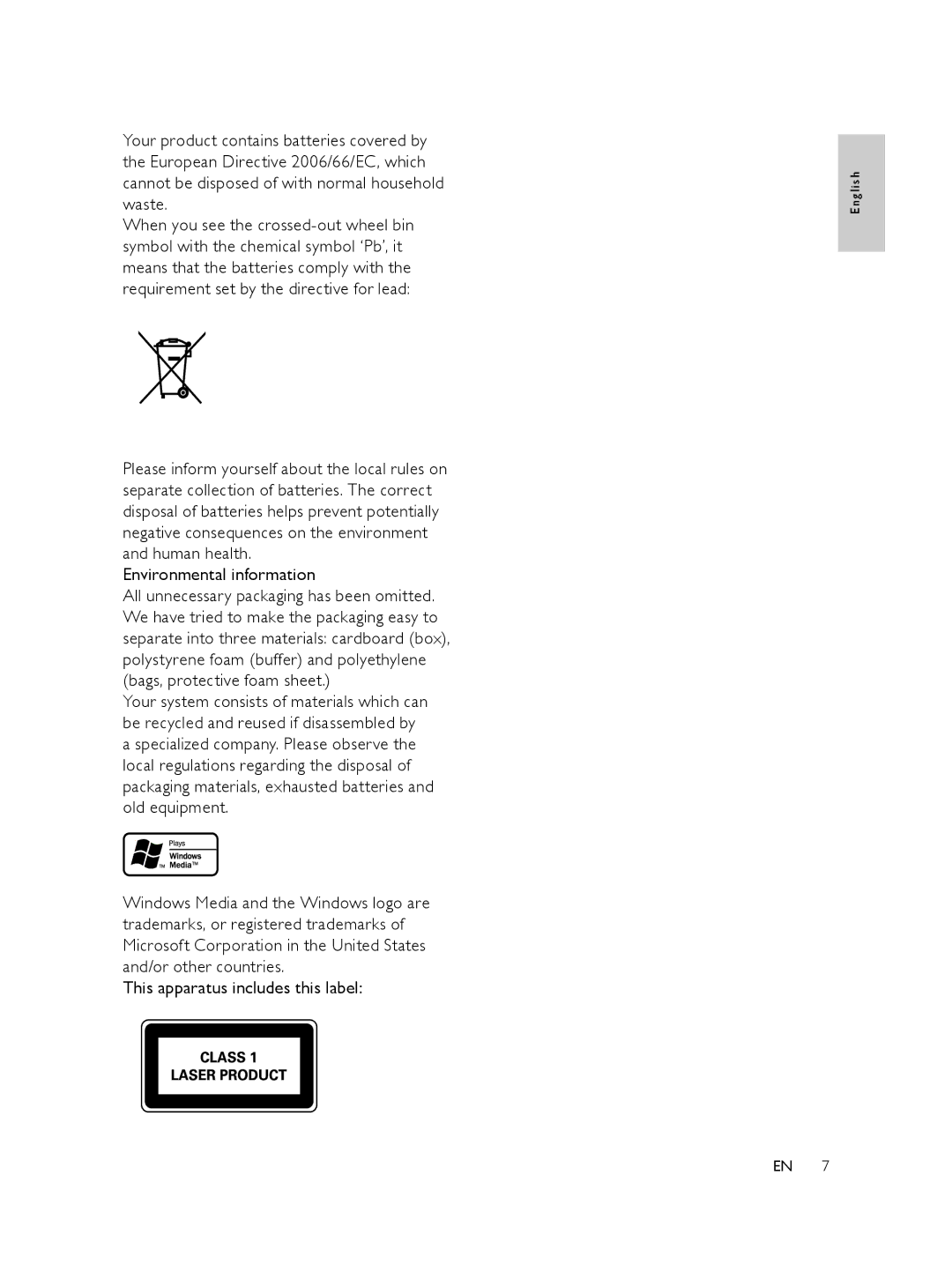 Philips FWM197/05 user manual Environmental information, This apparatus includes this label 