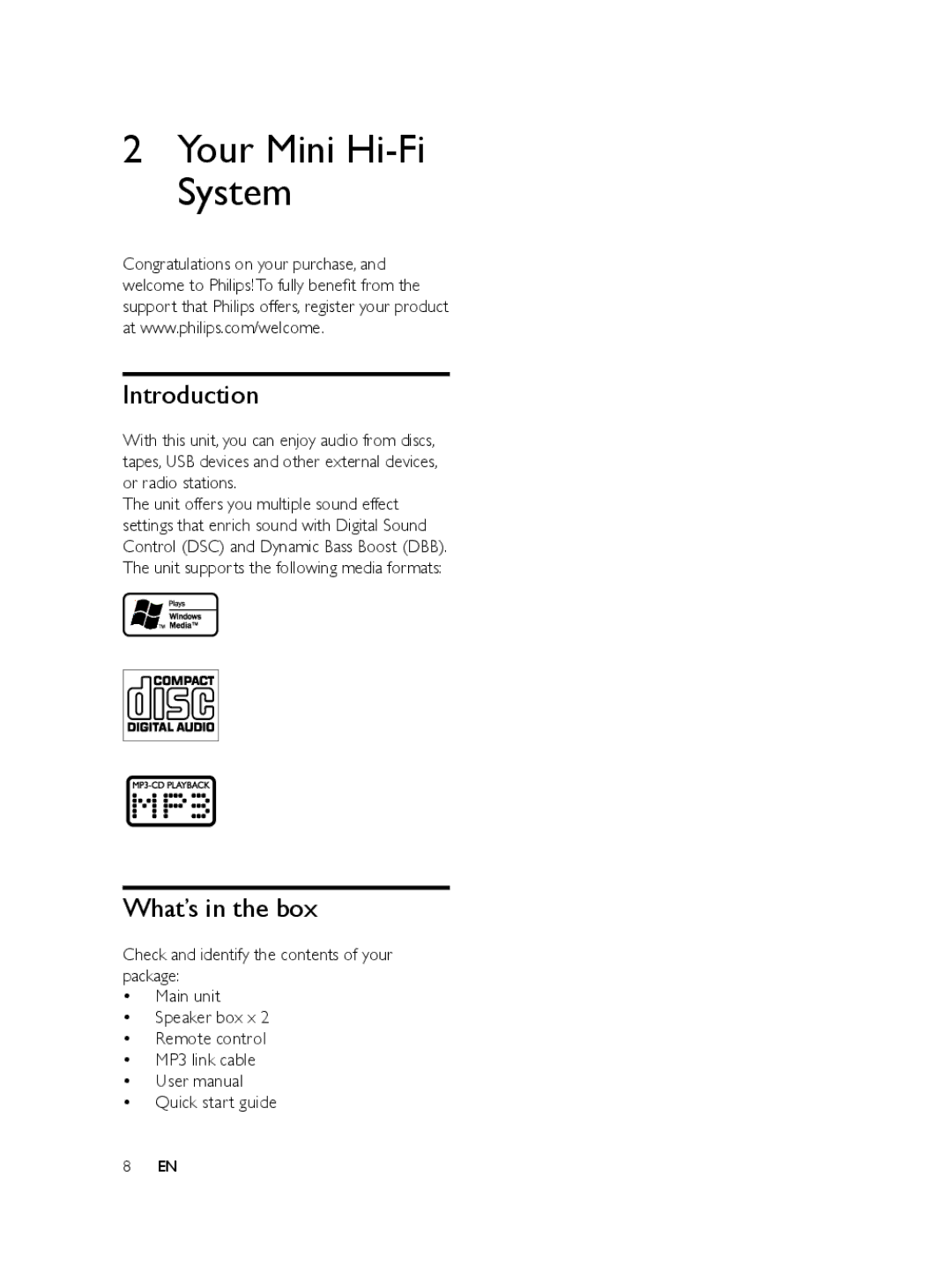 Philips FWM197/05 user manual Your Mini Hi-Fi System, Introduction, What’s in the box 