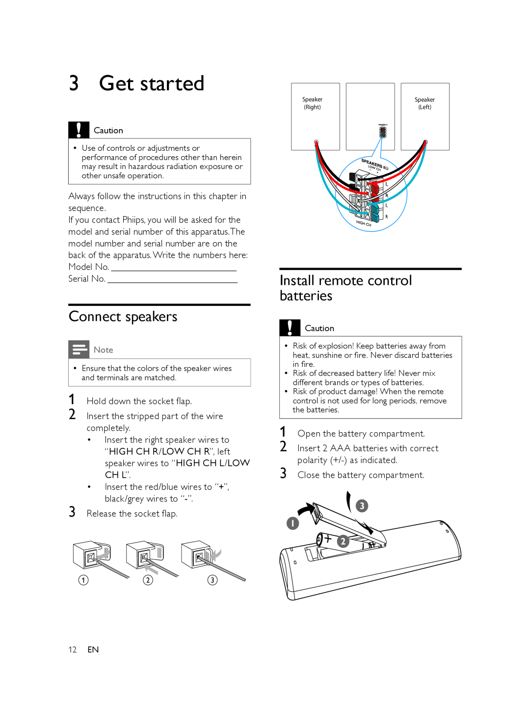 Philips FWM197/05 user manual Get started, Connect speakers, Install remote control batteries 