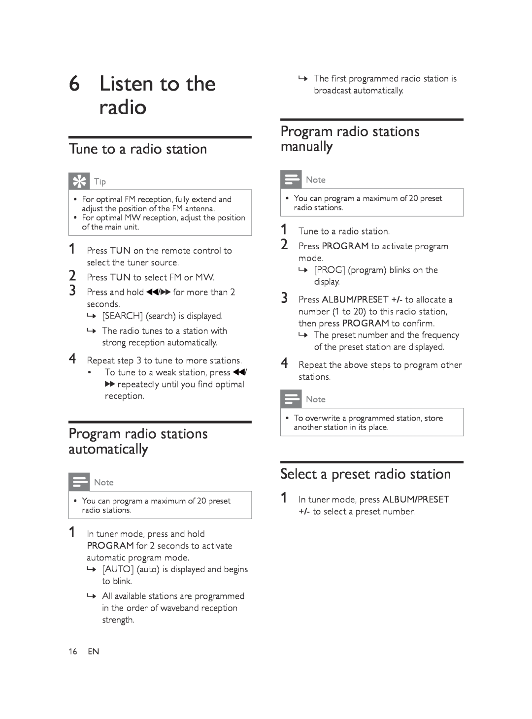 Philips FWM197/05 user manual 6Listen to the radio, Tune to a radio station, Program radio stations manually 