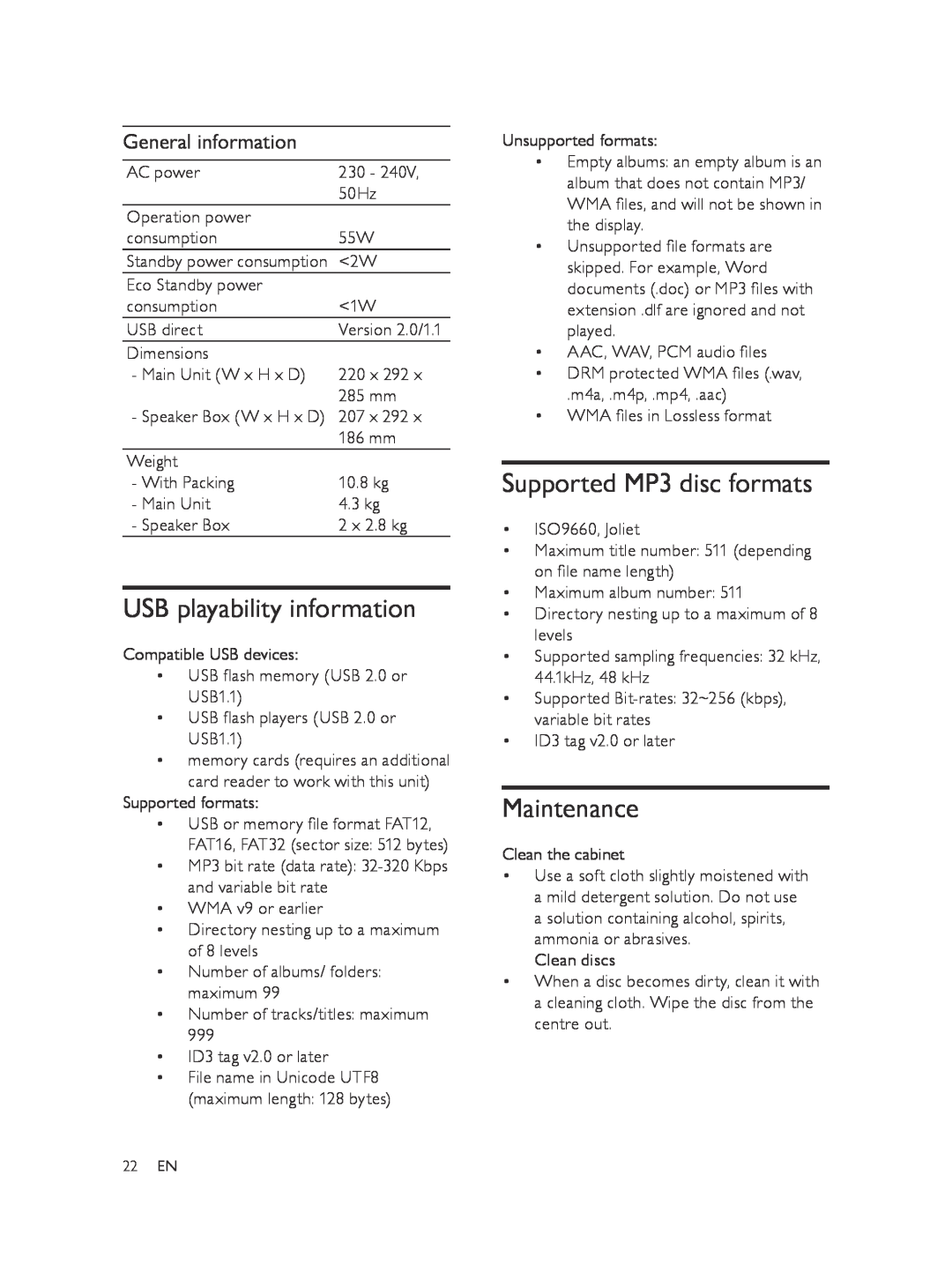 Philips FWM197/05 user manual USB playability information, Supported MP3 disc formats, Maintenance, General information 