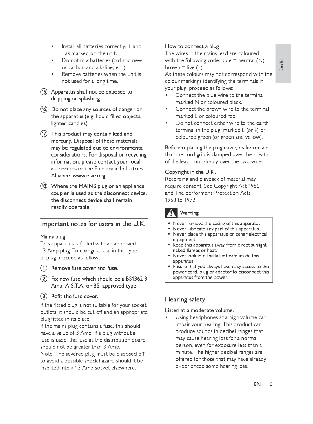 Philips FWM197/05 user manual Important notes for users in the U.K, Hearing safety 