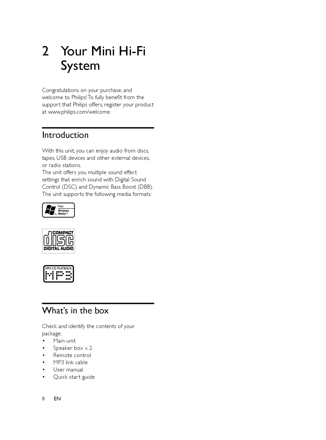 Philips FWM197/05 user manual 2Your Mini Hi-FiSystem, Introduction, What’s in the box 