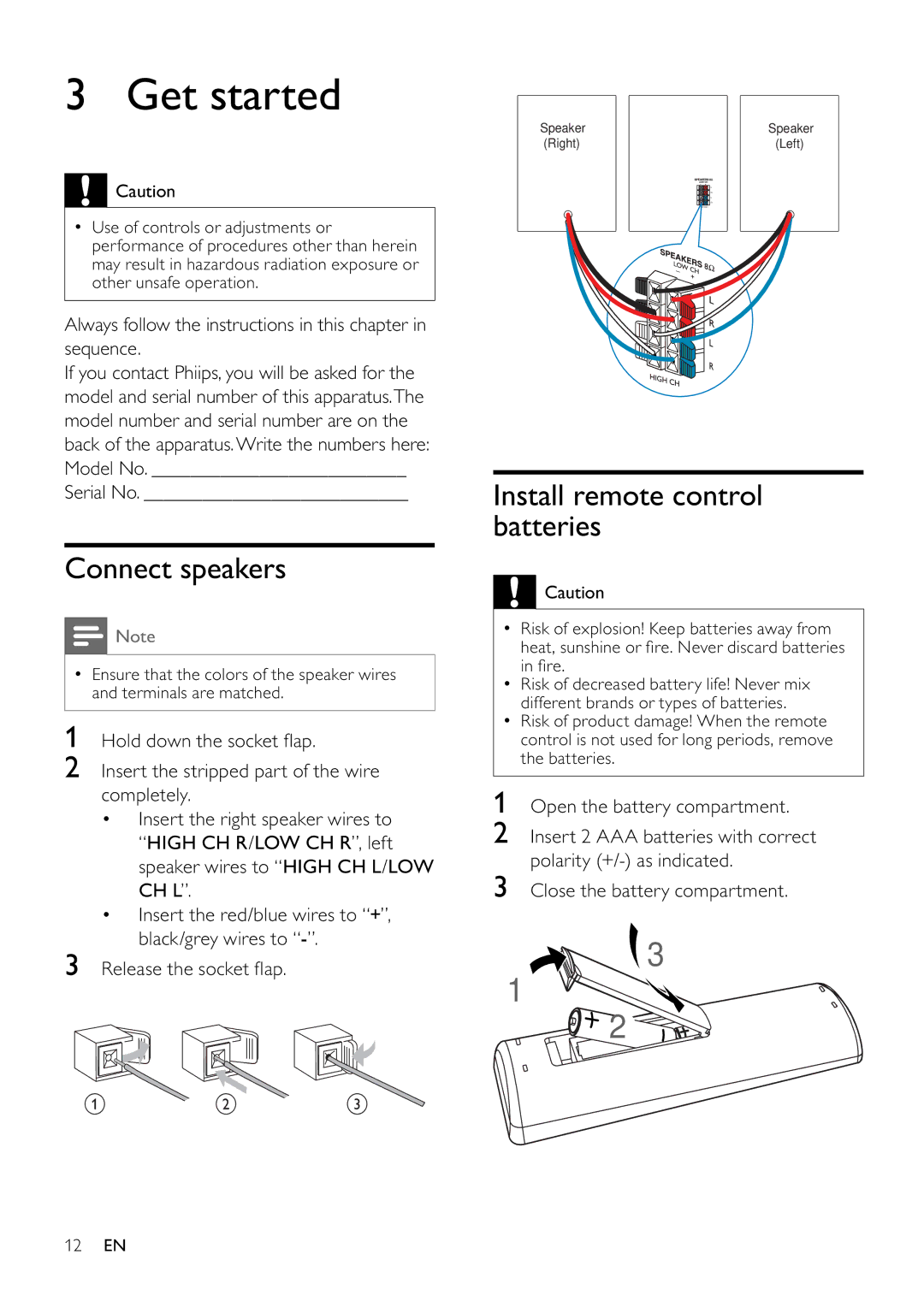 Philips FWM197/12 user manual Get started, Connect speakers, Install remote control batteries 