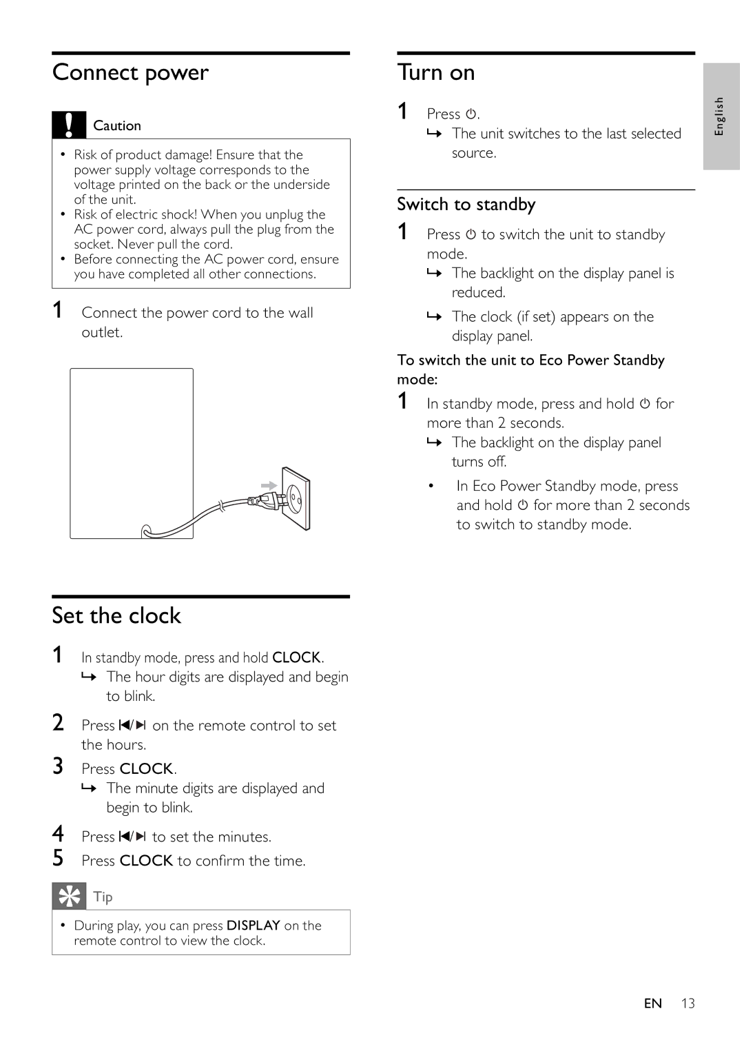 Philips FWM197/12 user manual Connect power, Set the clock, Turn on, Switch to standby 