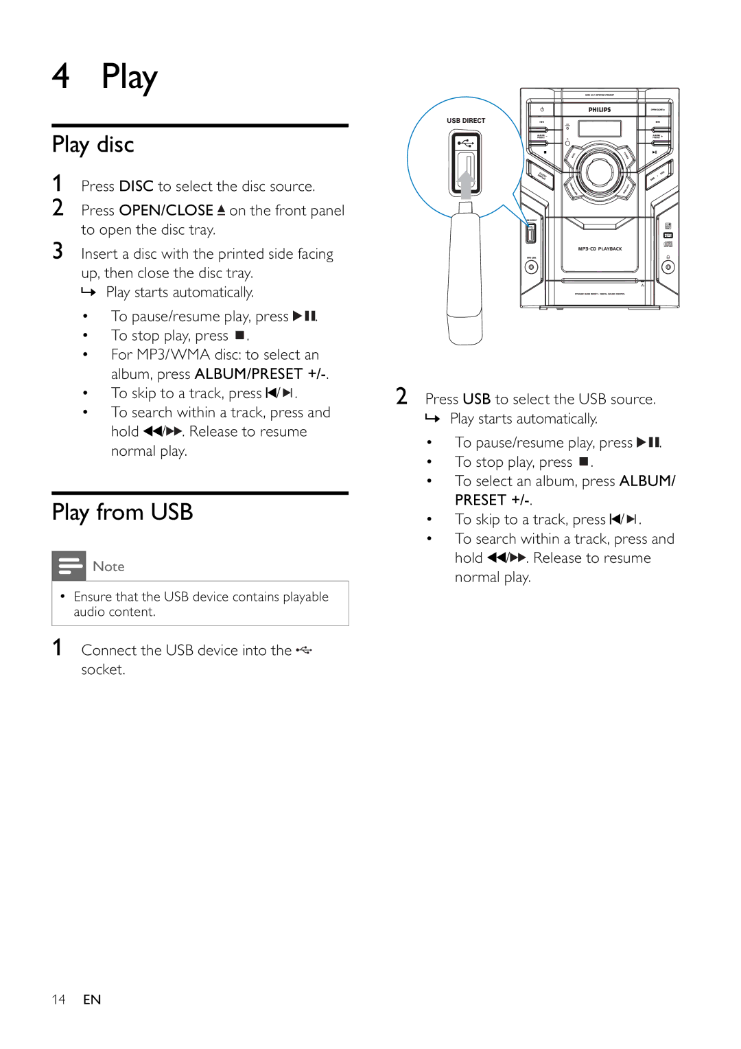 Philips FWM197/12 user manual Play disc, Play from USB 