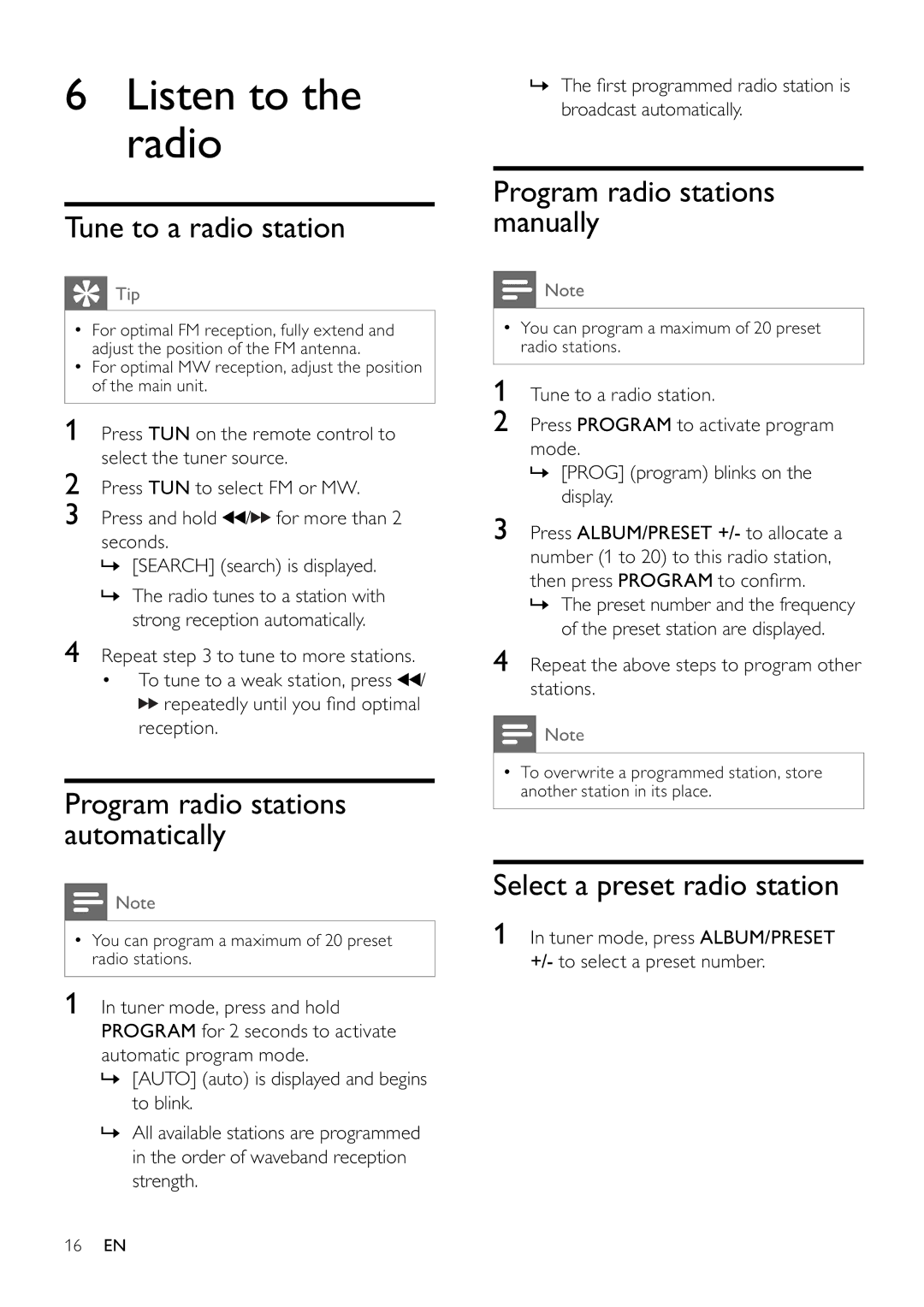 Philips FWM197/12 user manual Listen to the radio, Tune to a radio station, Program radio stations automatically 