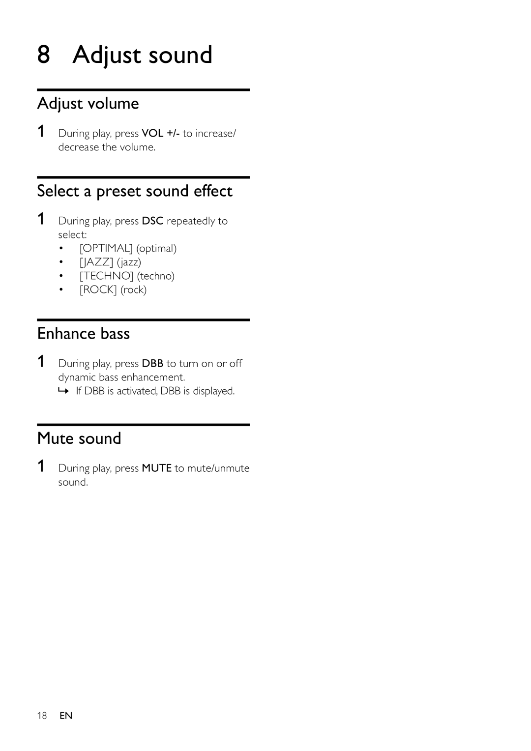 Philips FWM197/12 user manual Adjust sound, Adjust volume, Select a preset sound effect, Enhance bass, Mute sound 