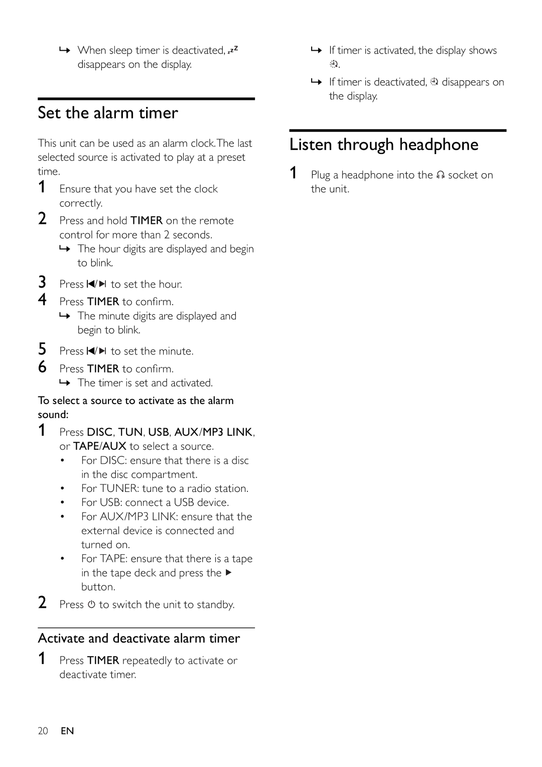 Philips FWM197/12 user manual Set the alarm timer, Listen through headphone, Activate and deactivate alarm timer 