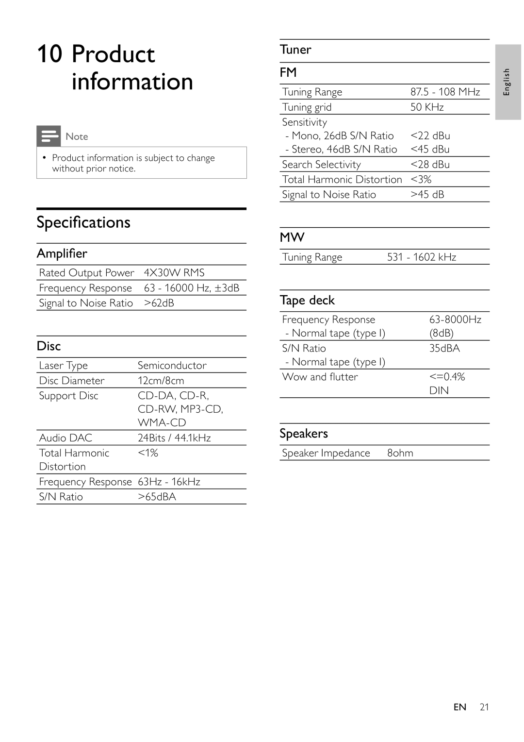 Philips FWM197/12 user manual Speciﬁ cations 