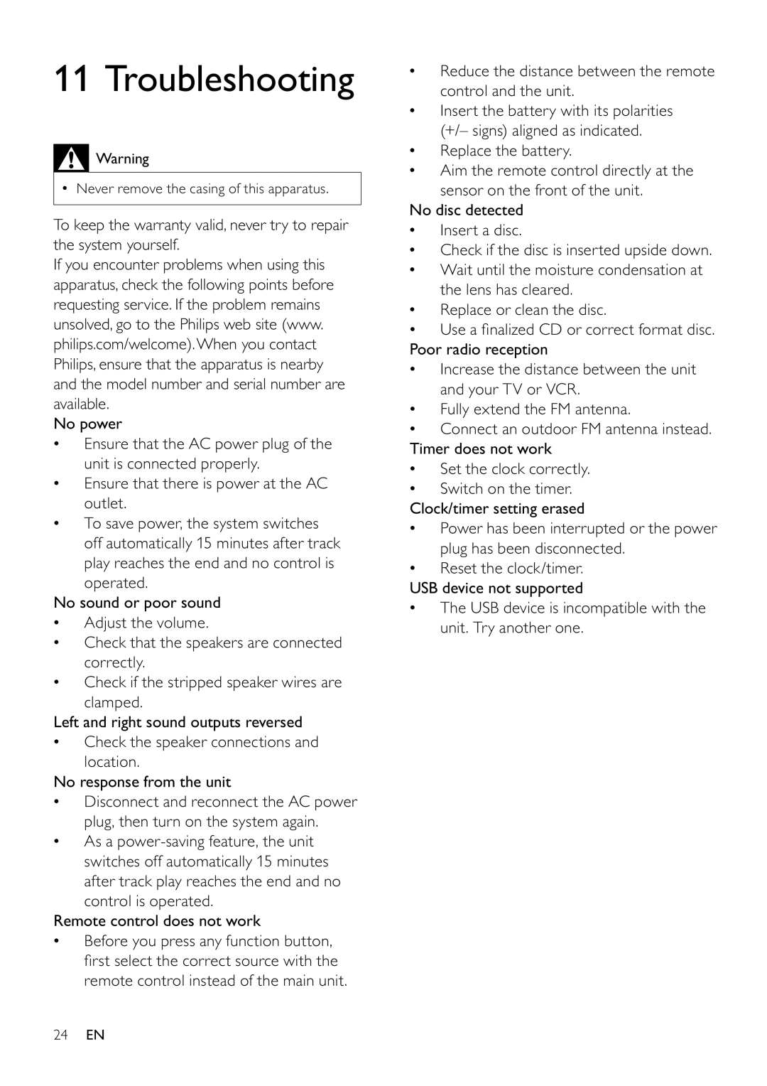 Philips FWM197/12 user manual Troubleshooting, Control is operated. Remote control does not work 