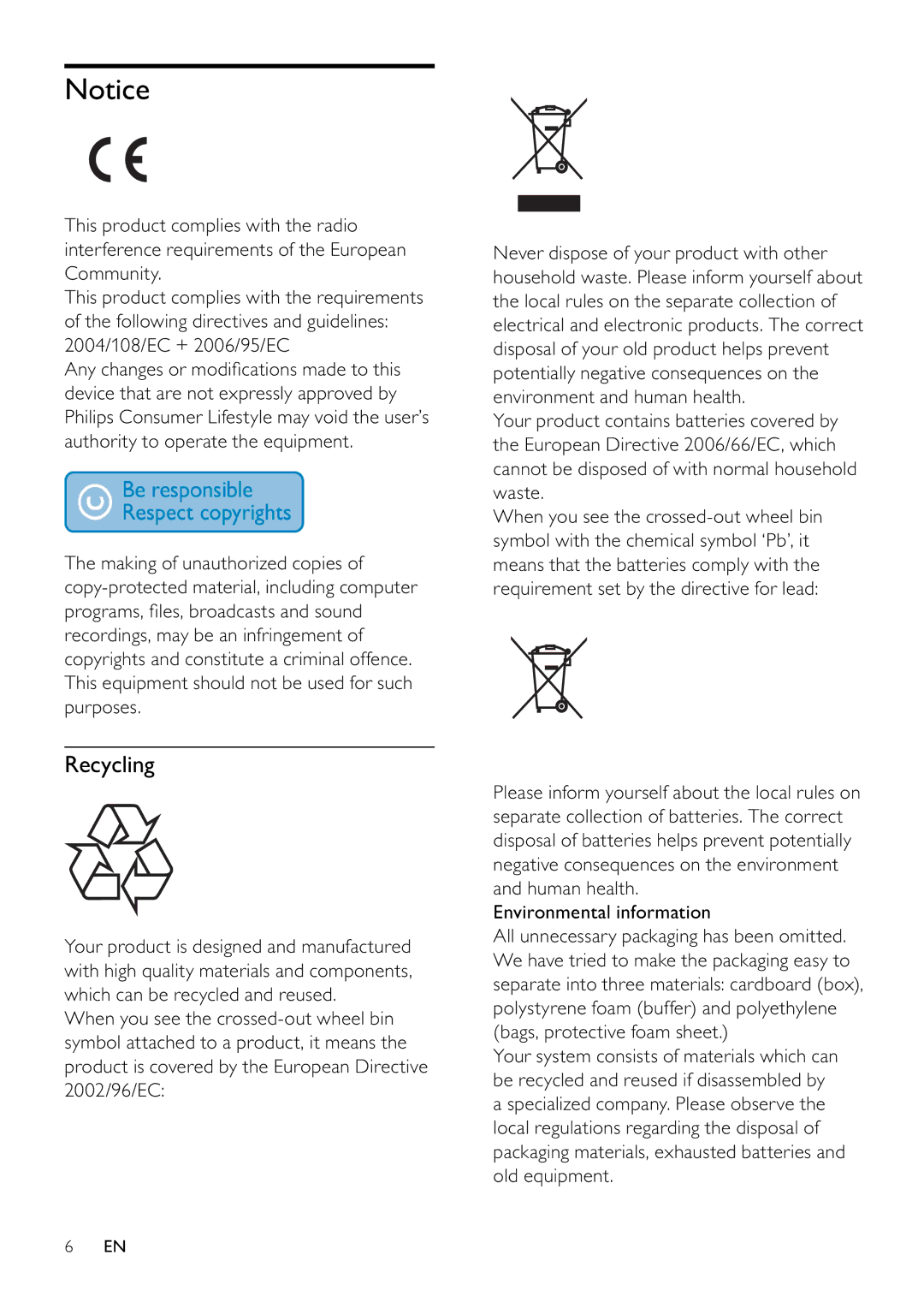 Philips FWM197/12 user manual Recycling 