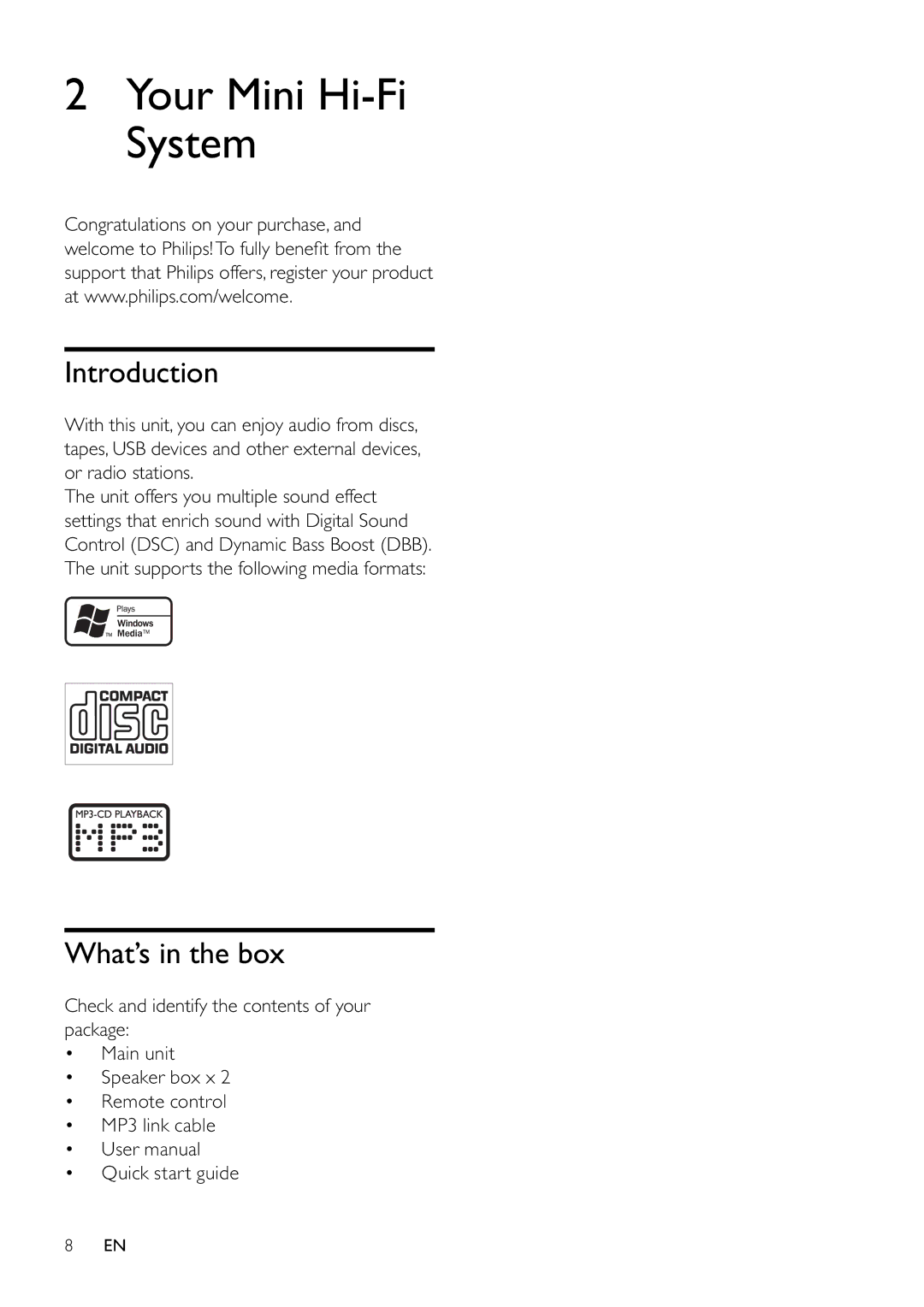 Philips FWM197/12 user manual Your Mini Hi-Fi System, Introduction, What’s in the box 