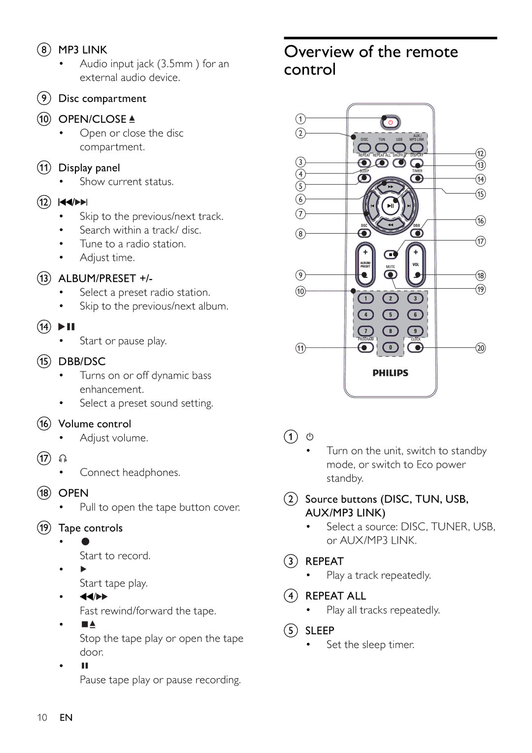 Philips FWM197/12 user manual Overview of the remote control 