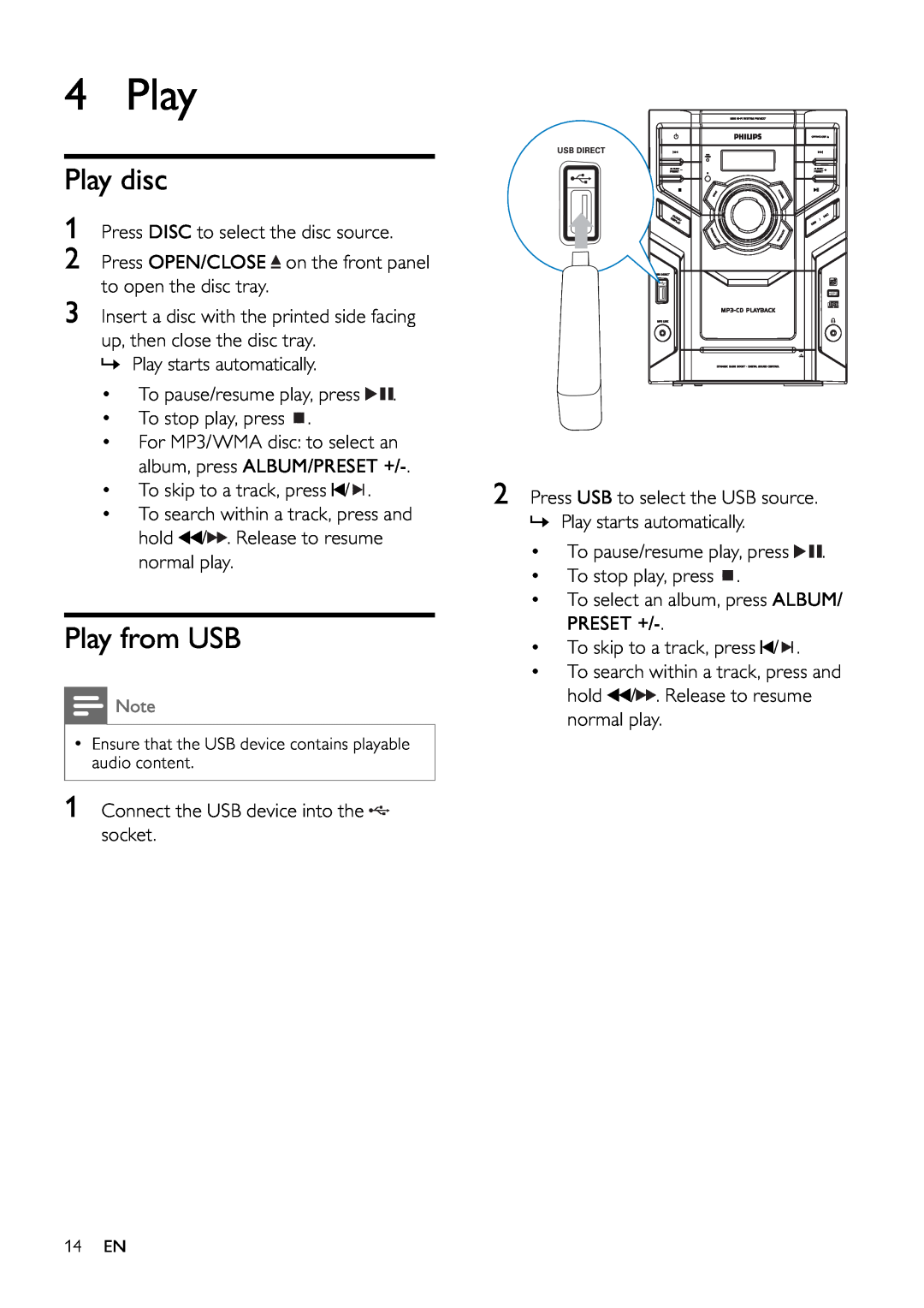 Philips FWM197/12 user manual Play disc, Play from USB 