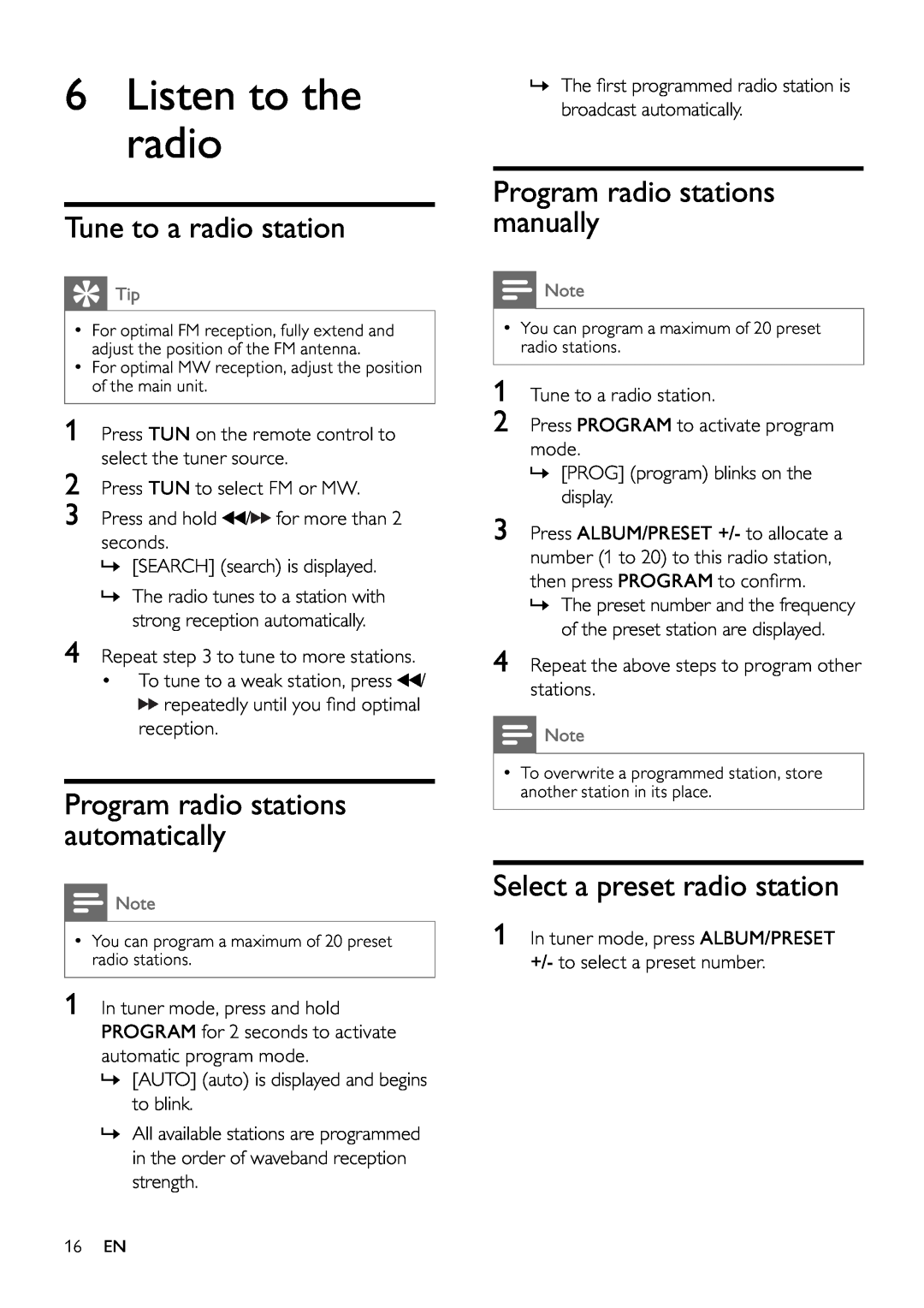 Philips FWM197/12 user manual 6Listen to the radio, Tune to a radio station, Program radio stations automatically 