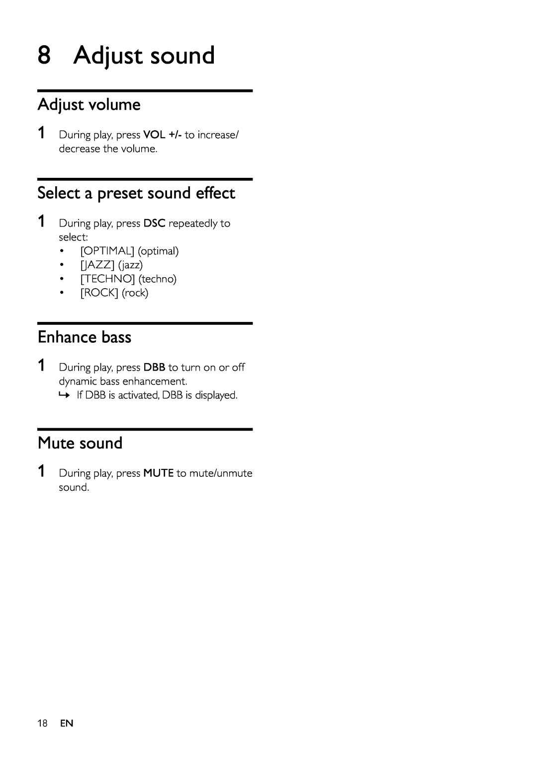 Philips FWM197/12 user manual Adjust sound, Adjust volume, Select a preset sound effect, Enhance bass, Mute sound 