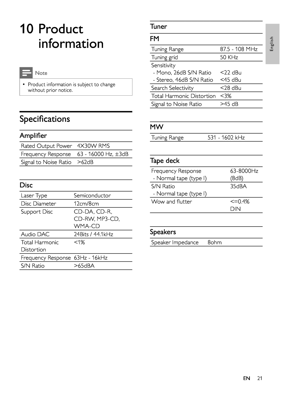 Philips FWM197/12 user manual Speciﬁ cations, Ampliﬁ er, Disc, Tuner FM, Tape deck, Speakers, 10Product information 