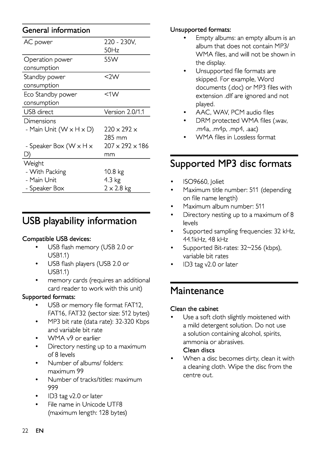 Philips FWM197/12 user manual USB playability information, Supported MP3 disc formats, Maintenance, General information 
