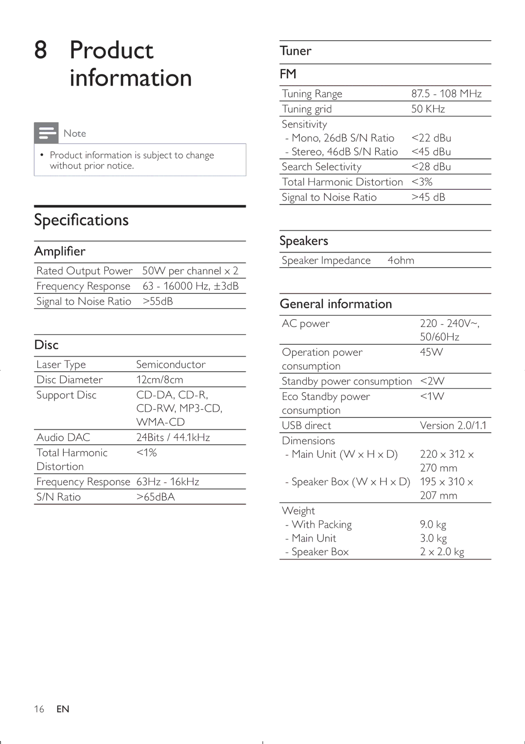 Philips FWM200D/12 user manual Product information, Speciﬁcations 