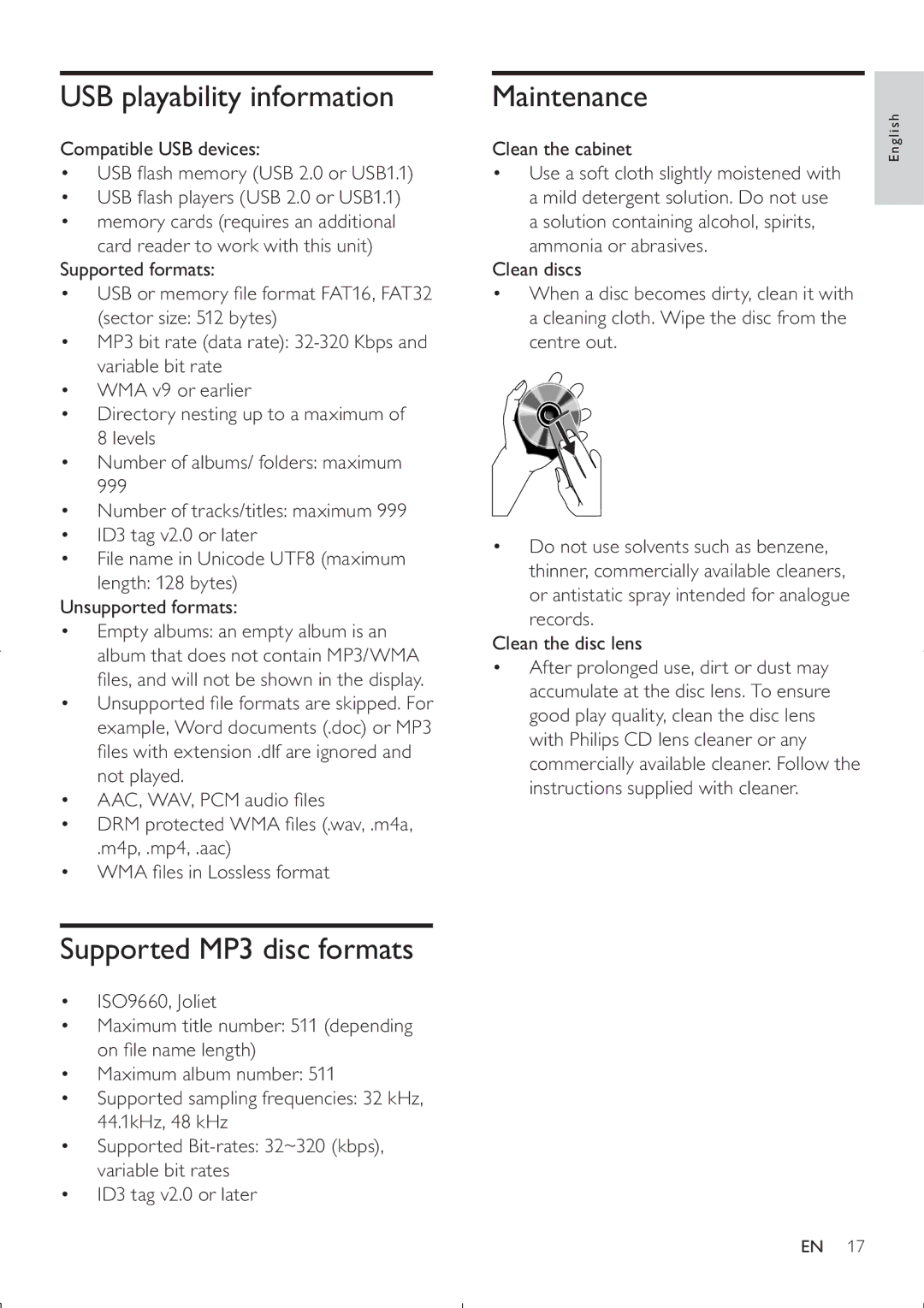 Philips FWM200D/12 user manual USB playability information, Maintenance, Supported MP3 disc formats 