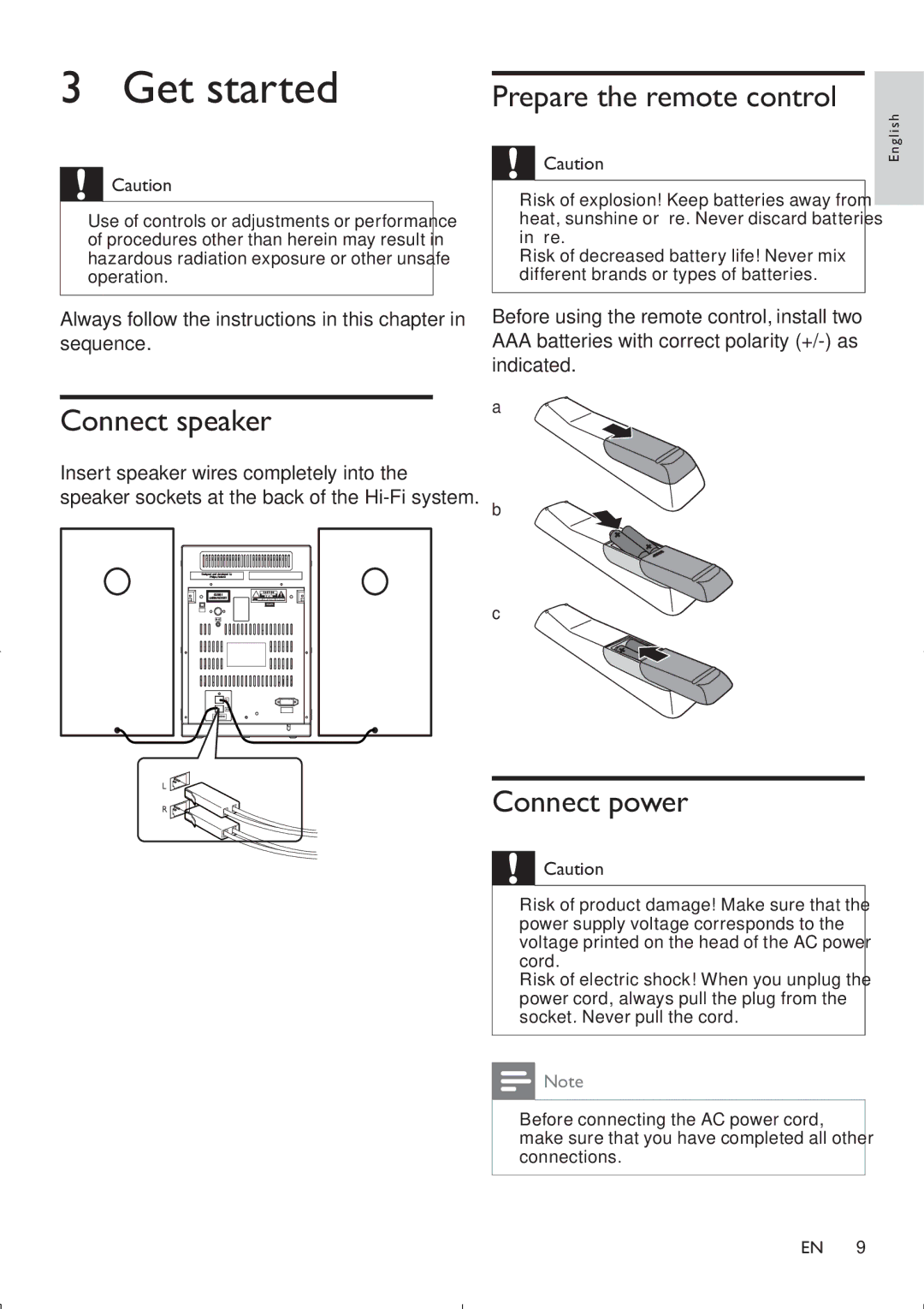 Philips FWM200D/12 user manual Get started, Connect speaker, Prepare the remote control, Connect power 