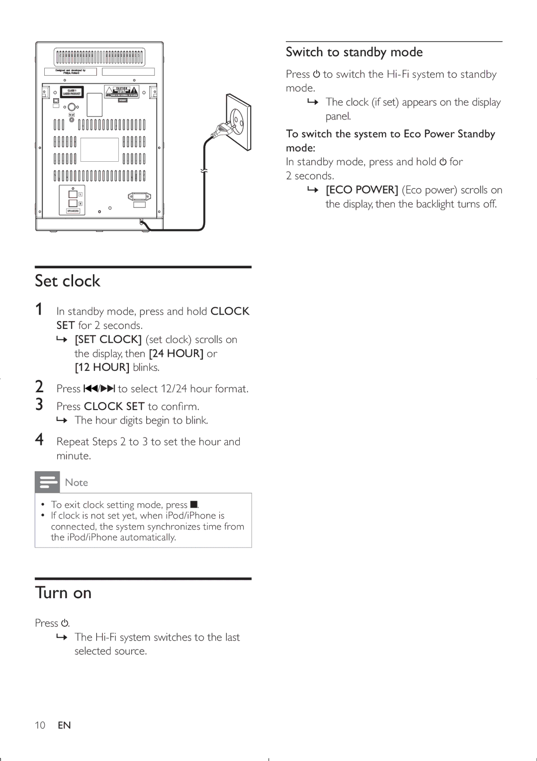 Philips FWM200D/12 user manual Set clock, Turn on, Switch to standby mode 