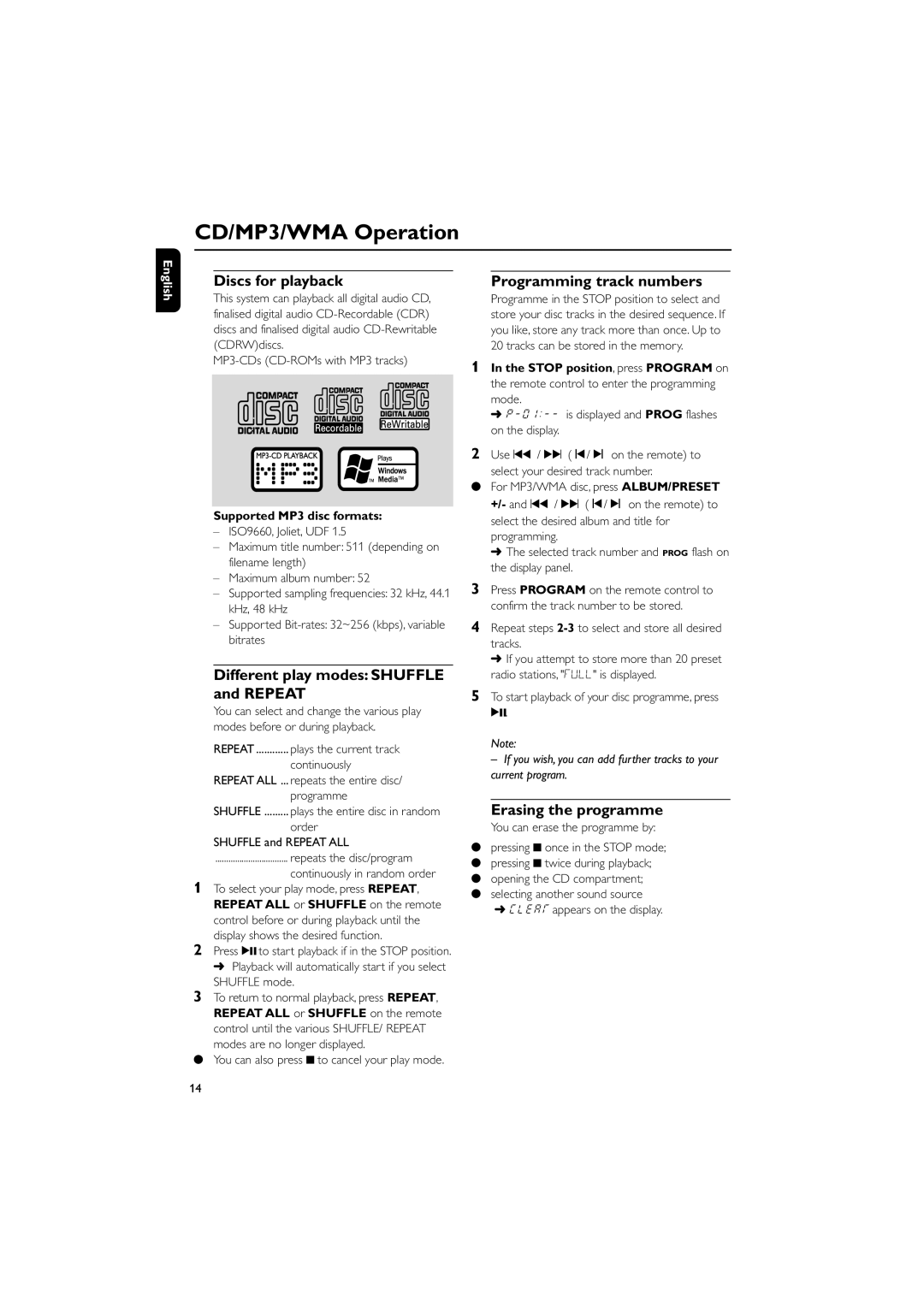 Philips FWM206 user manual Discs for playback, Different play modes Shuffle and Repeat, Programming track numbers 