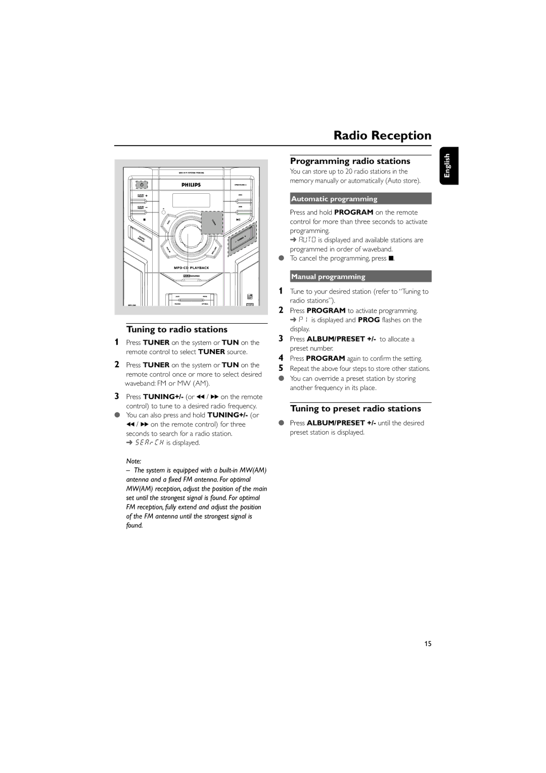 Philips FWM206 Radio Reception, Tuning to radio stations, Programming radio stations, Tuning to preset radio stations 