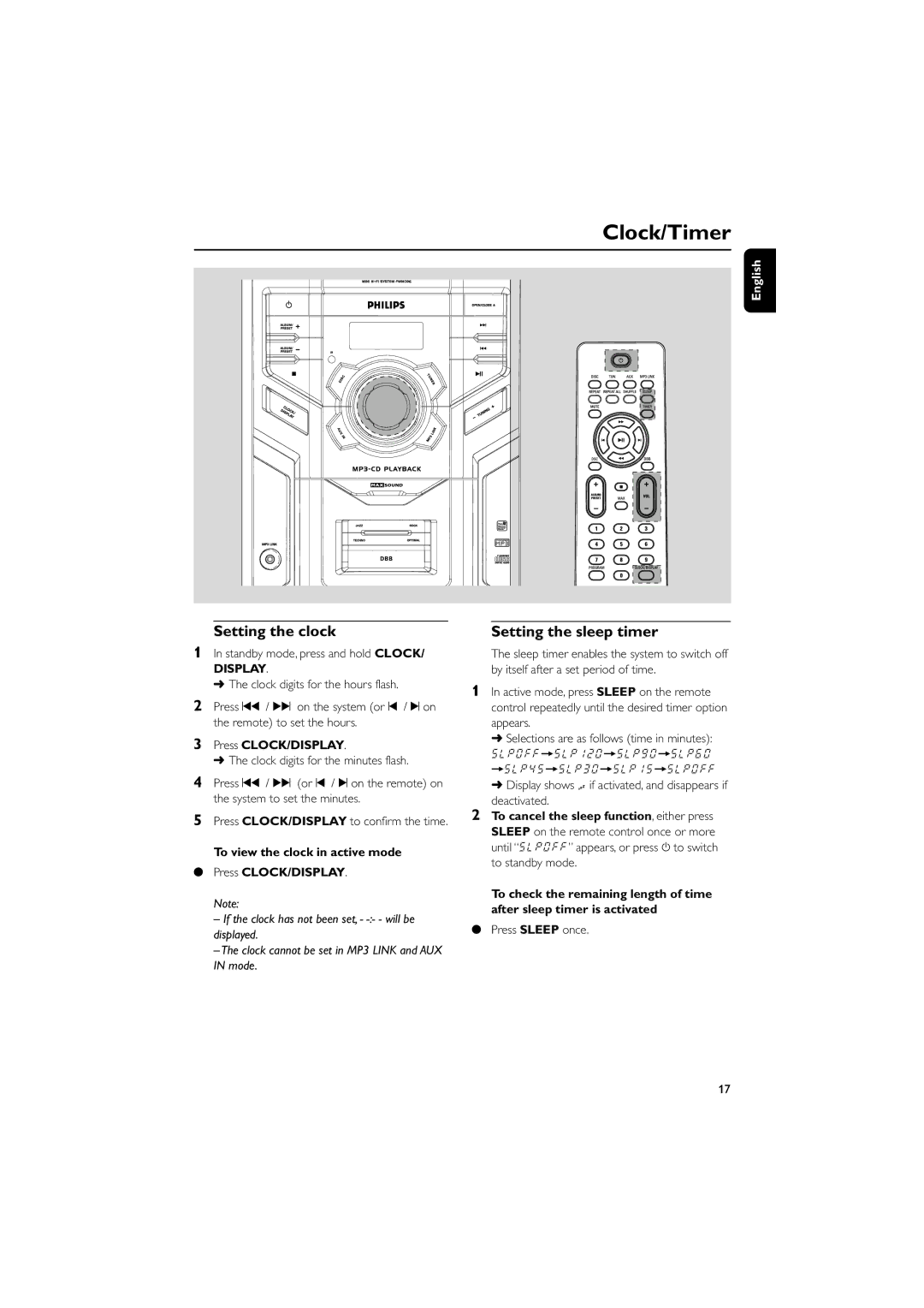 Philips FWM206 user manual Clock/Timer, Setting the clock Setting the sleep timer, Press CLOCK/DISPLAY 