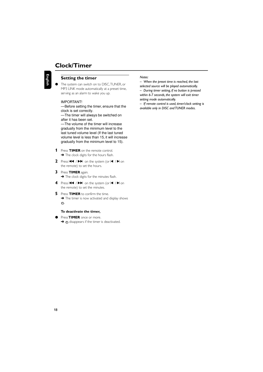 Philips FWM206 user manual Setting the timer, To deactivate the timer 