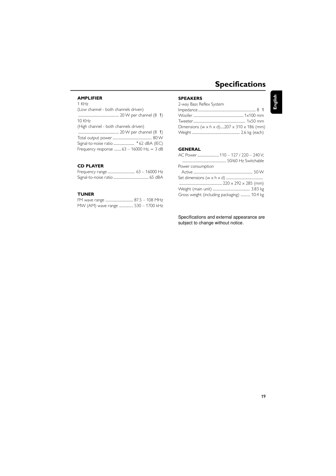 Philips FWM206 user manual Specifications 