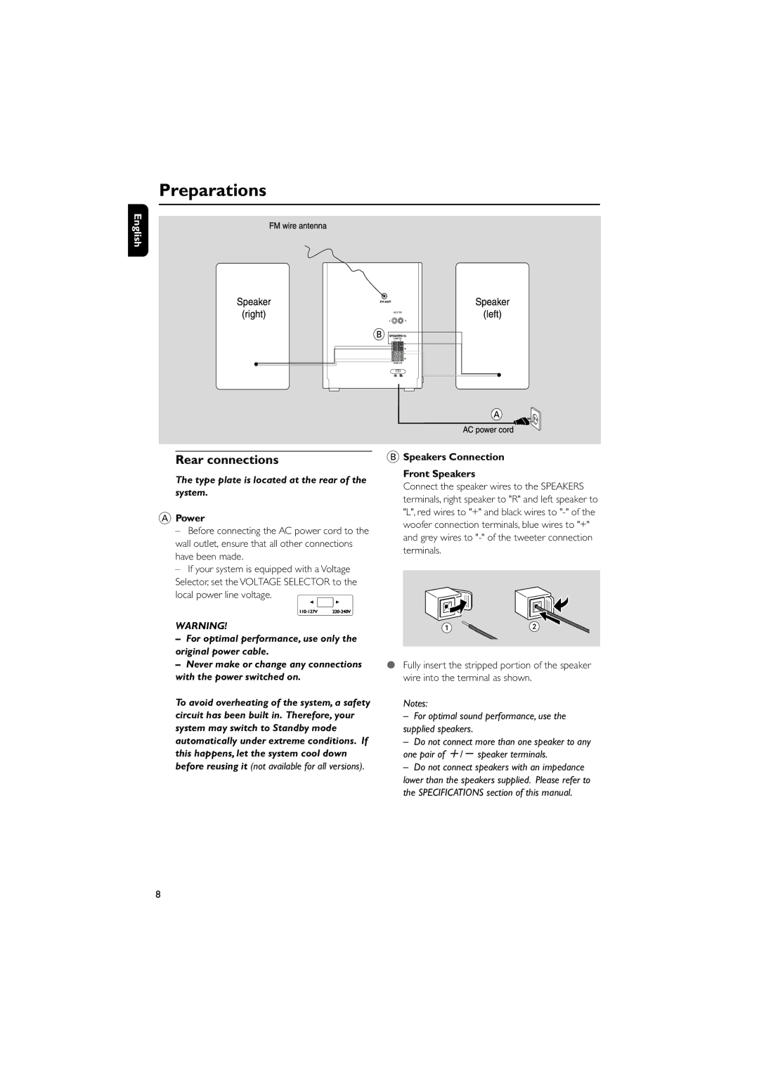 Philips FWM206 user manual Preparations, Rear connections, Power, Speakers Connection Front Speakers 