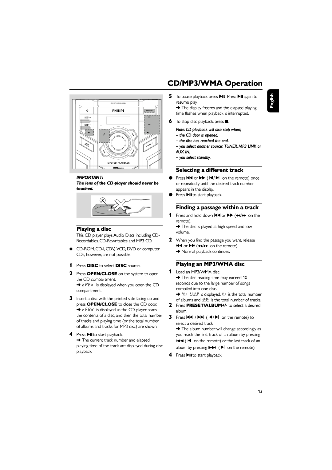 Philips FWM206 user manual CD/MP3/WMA Operation 