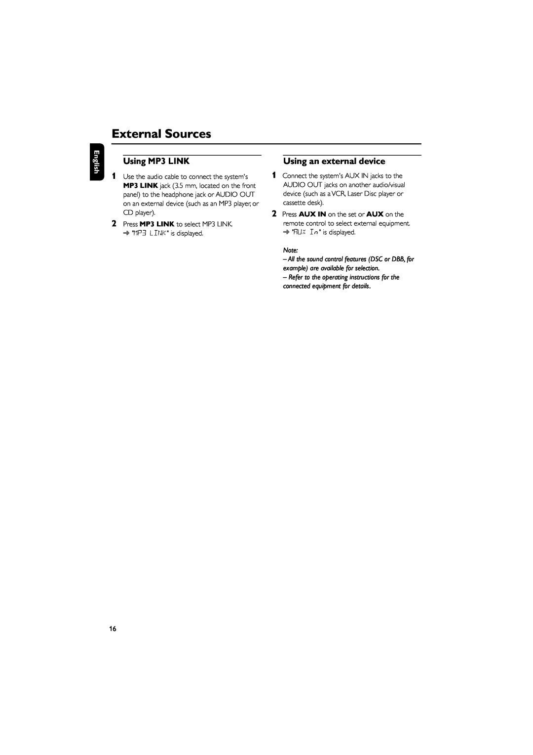 Philips FWM206 user manual External Sources, Using MP3 LINK, Using an external device 