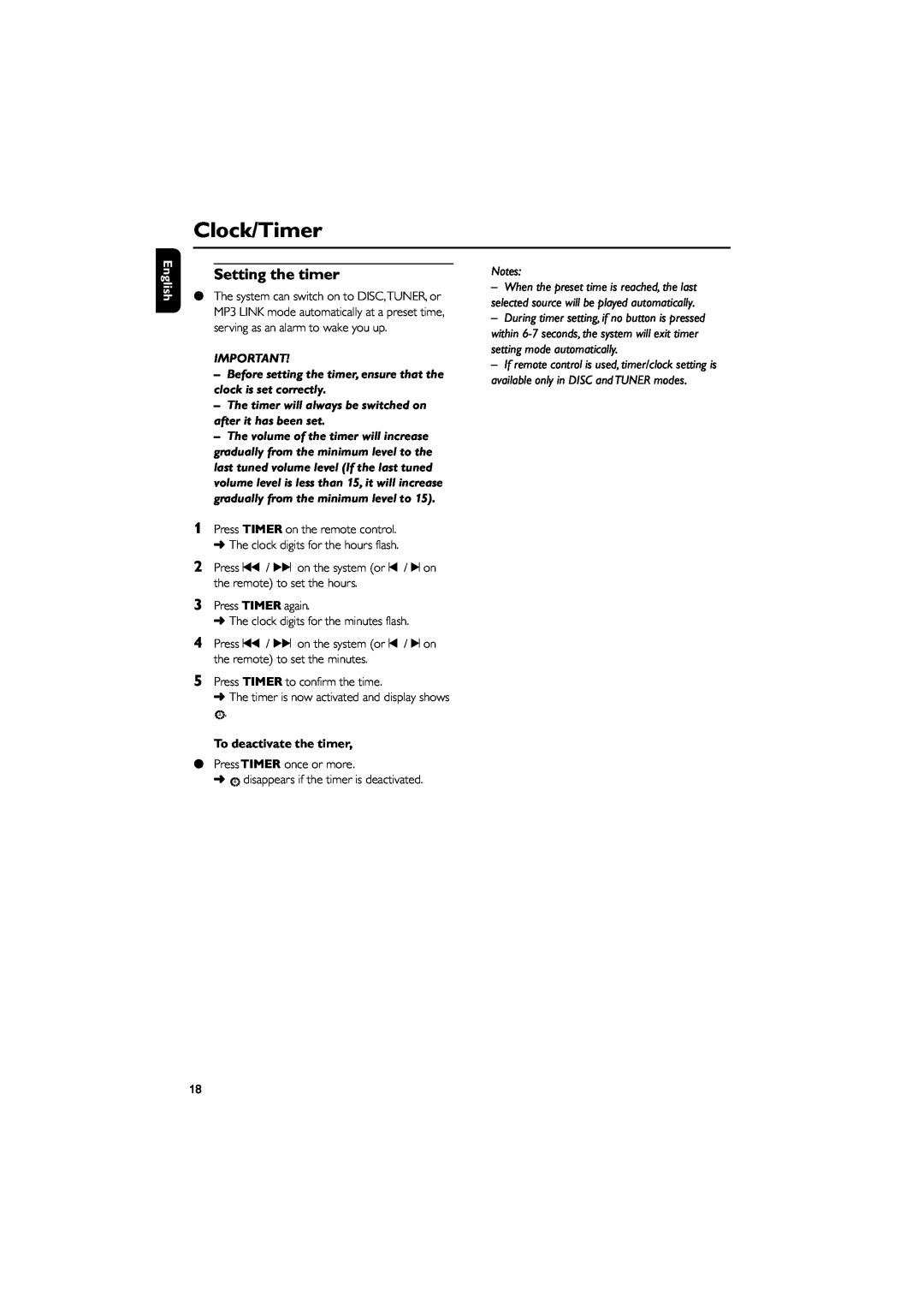 Philips FWM206 user manual Clock/Timer, Setting the timer, English, To deactivate the timer 