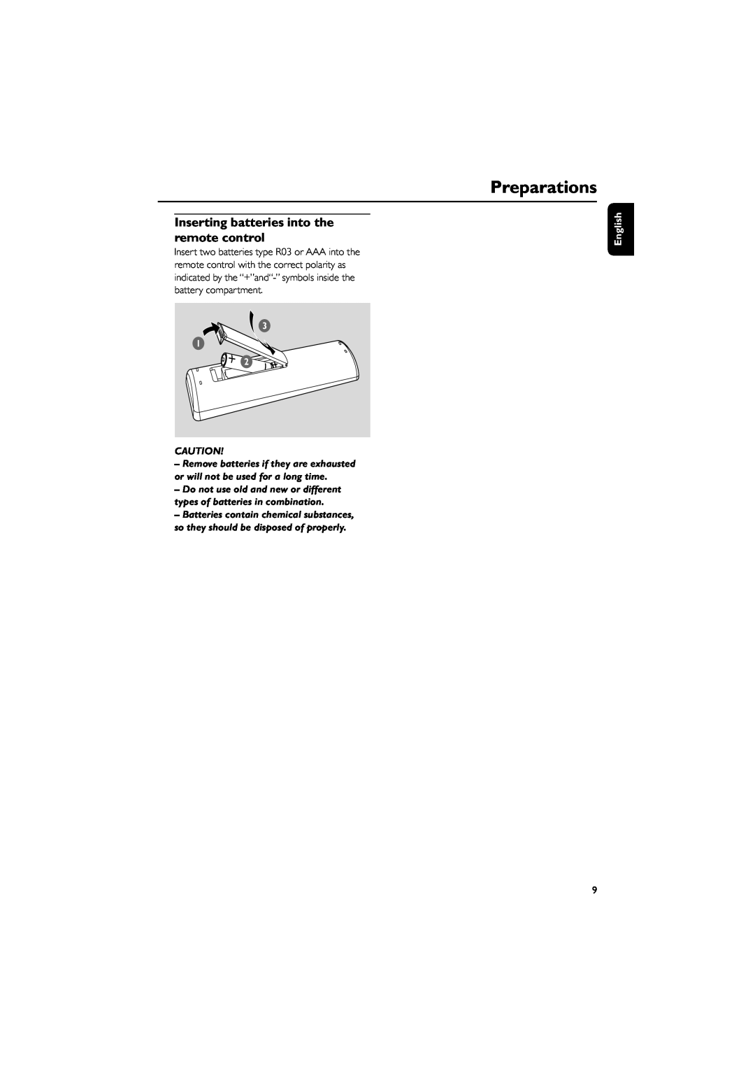 Philips FWM206 user manual Preparations, Inserting batteries into the remote control, English 