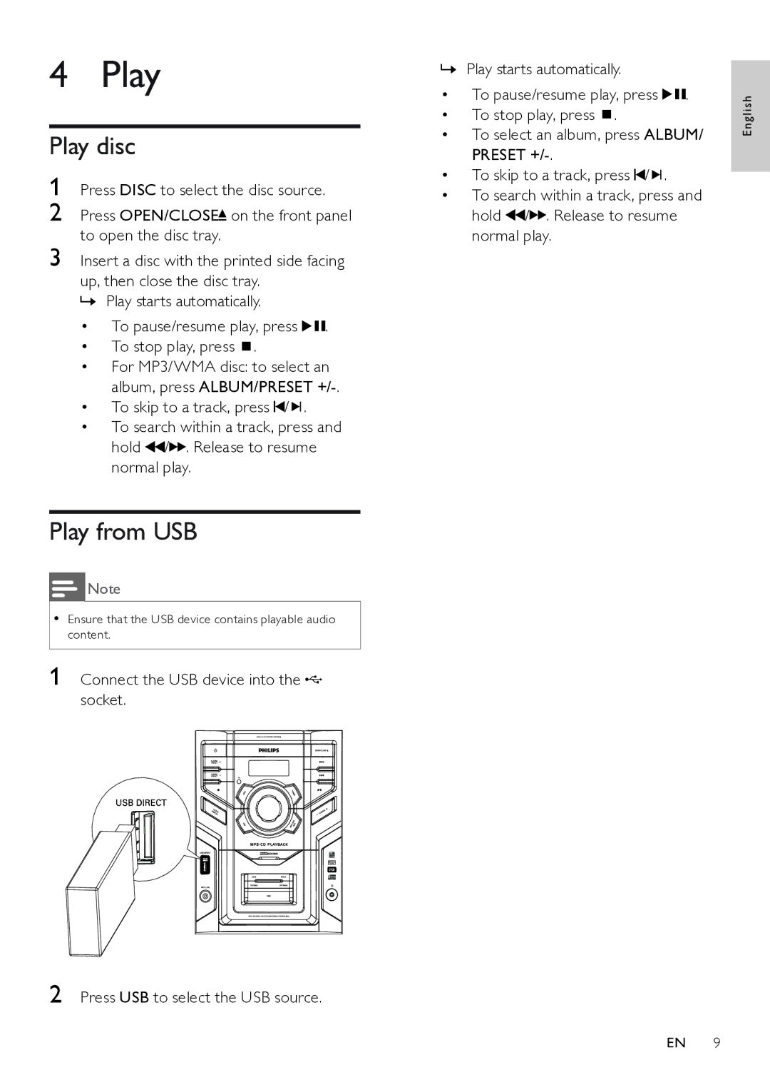 Philips FWM208 user manual Play disc, Play from USB 