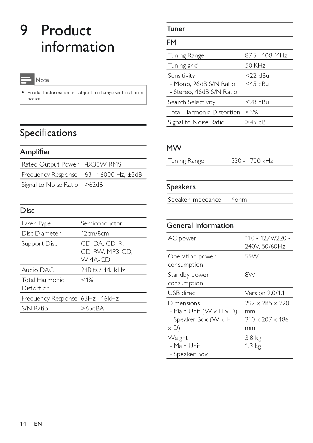 Philips FWM208 user manual Product information, Speciﬁcations 