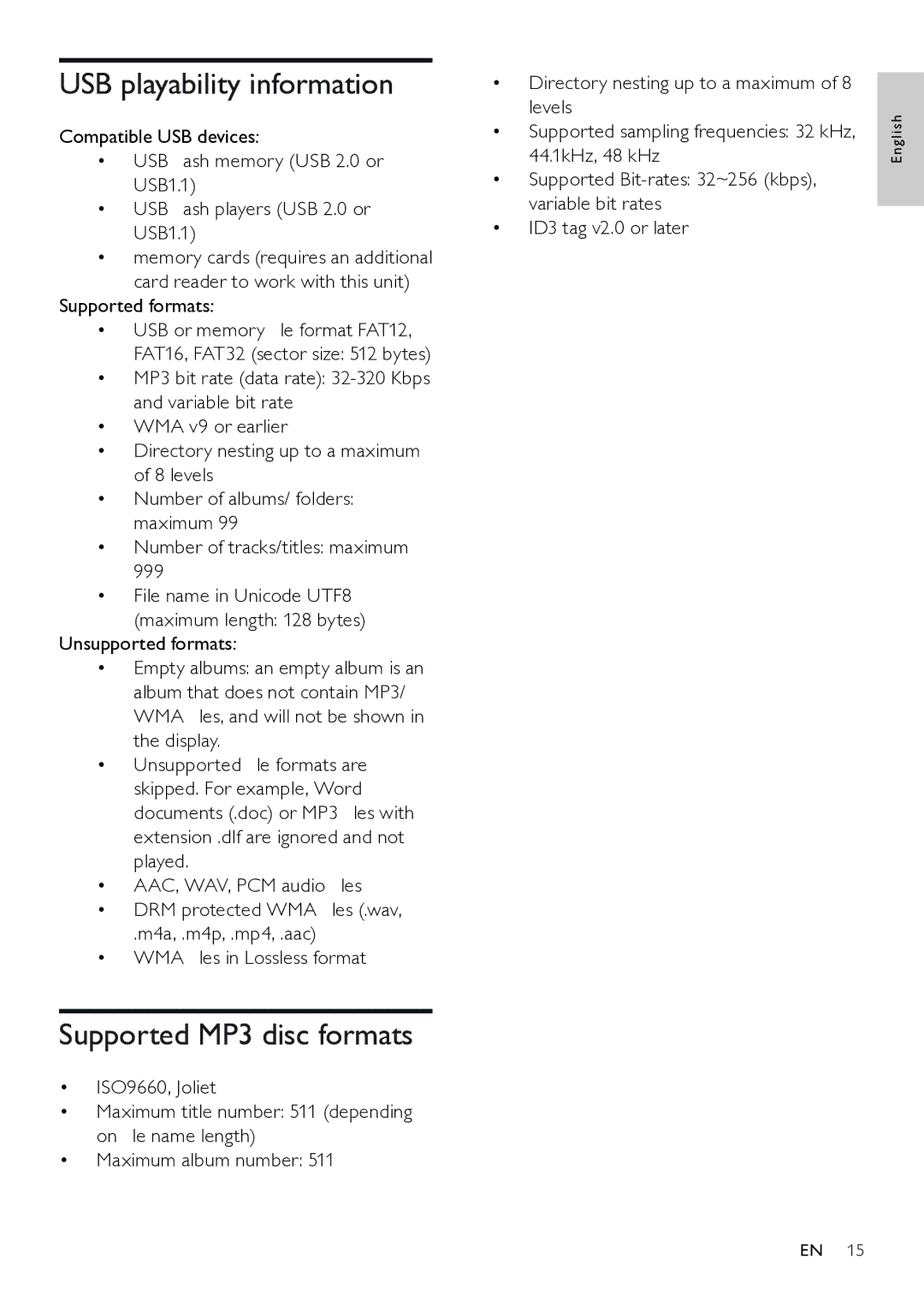 Philips FWM208 user manual USB playability information, Supported MP3 disc formats 