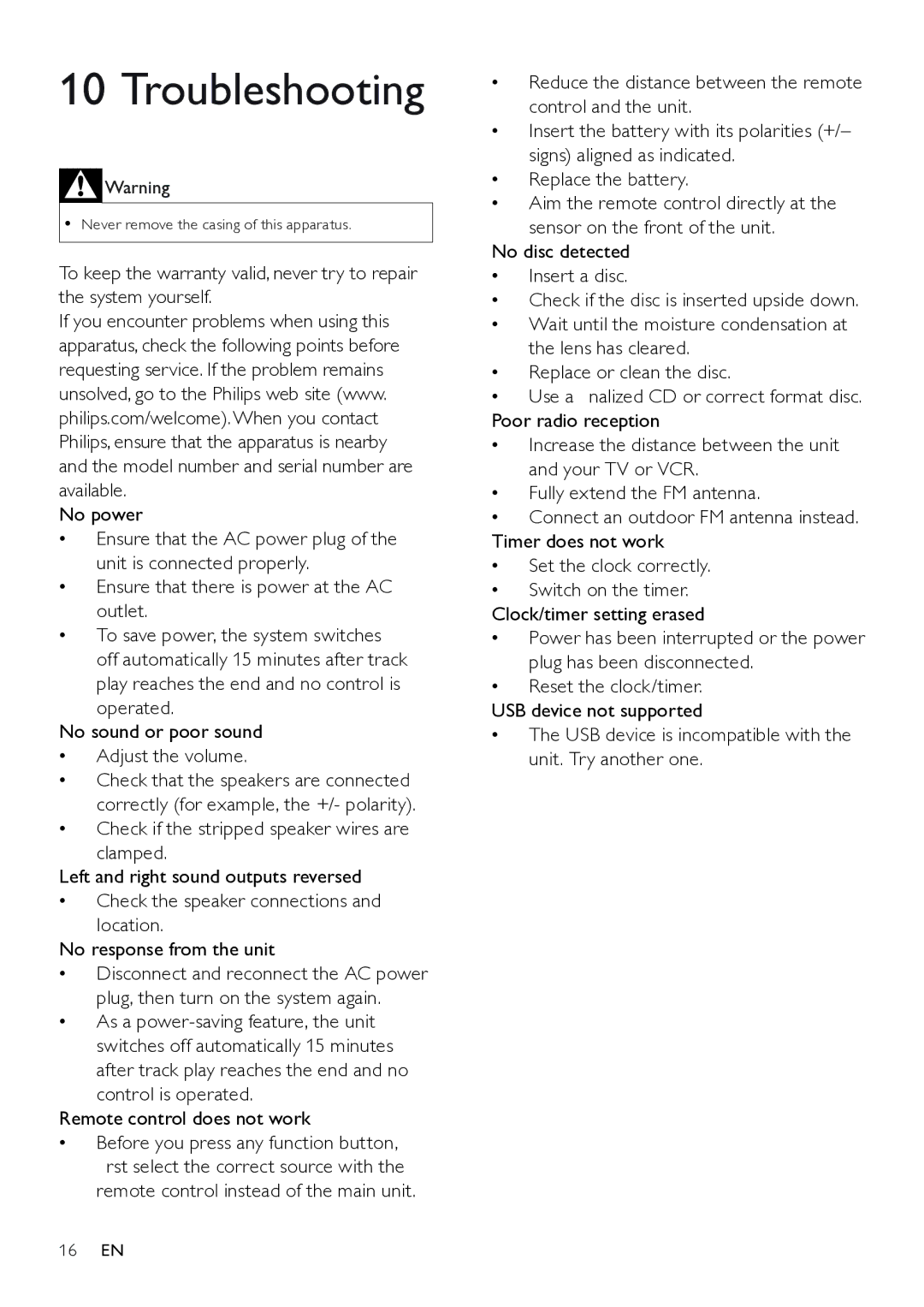 Philips FWM208 user manual Troubleshooting 