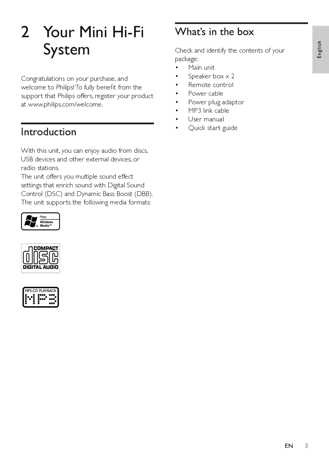 Philips FWM208 user manual Your Mini Hi-Fi System, Introduction, What’s in the box 