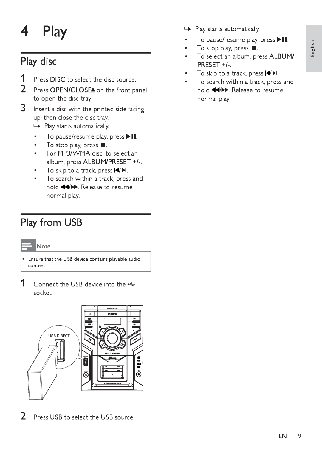 Philips FWM208 user manual Play disc, Play from USB 
