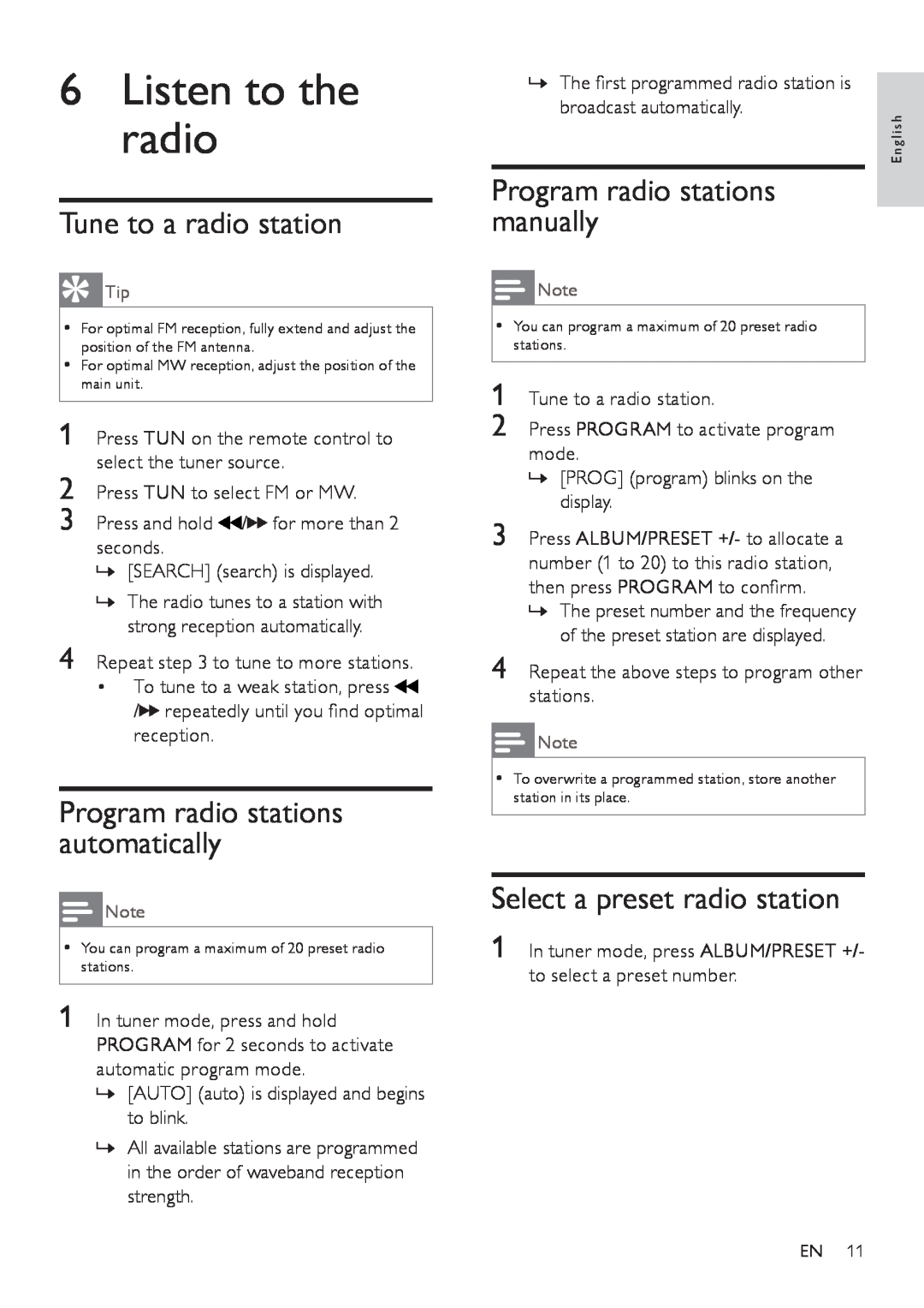 Philips FWM208 user manual 6Listen to the radio, Tune to a radio station, Program radio stations automatically 