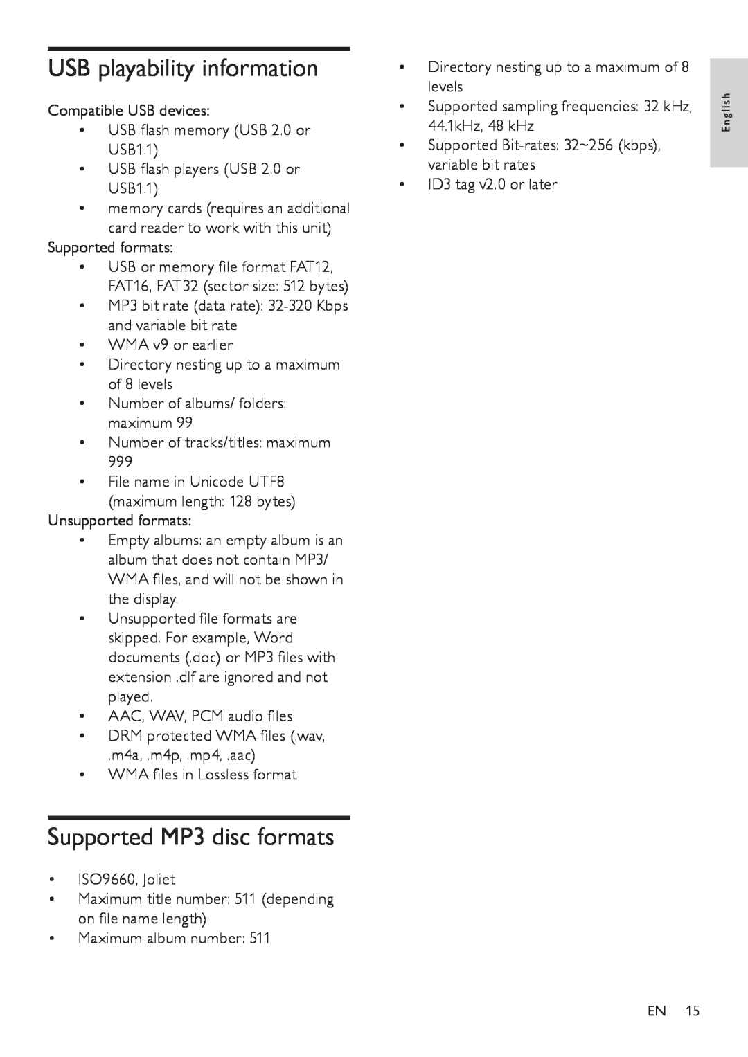 Philips FWM208 user manual USB playability information, Supported MP3 disc formats 