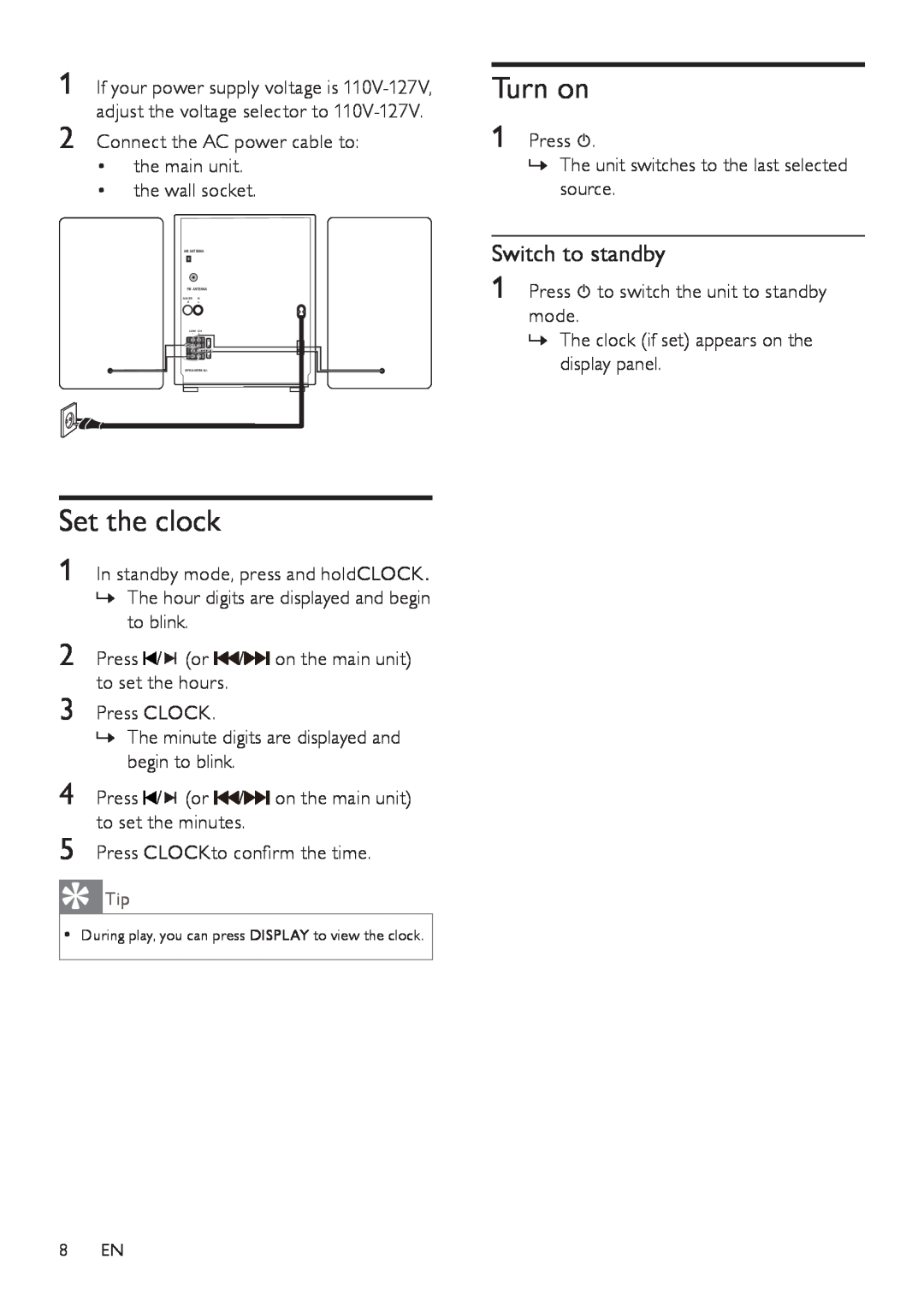 Philips FWM208 user manual Set the clock, Turn on, Switch to standby, the main unit 