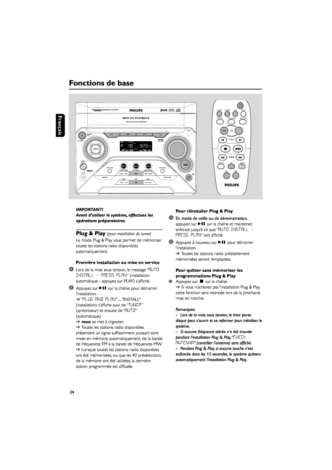Philips FWM352 Fonctions de base, Plug & Play pour installation du tuner, Pour réinstaller Plug & Play, Français 